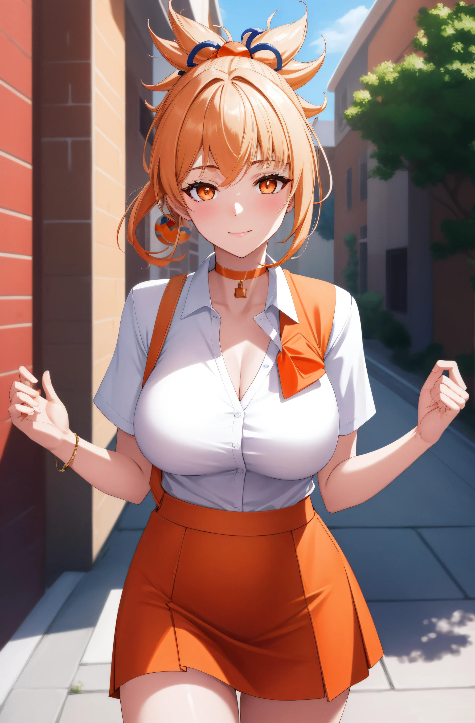 masterpiece, best quality, highres, perfect pixel, depth of field, 1girl, single, solo, beautiful anime girl, beautiful artstyle, (detailed face), (blush), anime CG style, (medium breasts), good lighting, perfect body, lips parted, (sakura kinomoto), glossy lips, city street, (leashed), (chained), cheerleader, cleavage, midriff