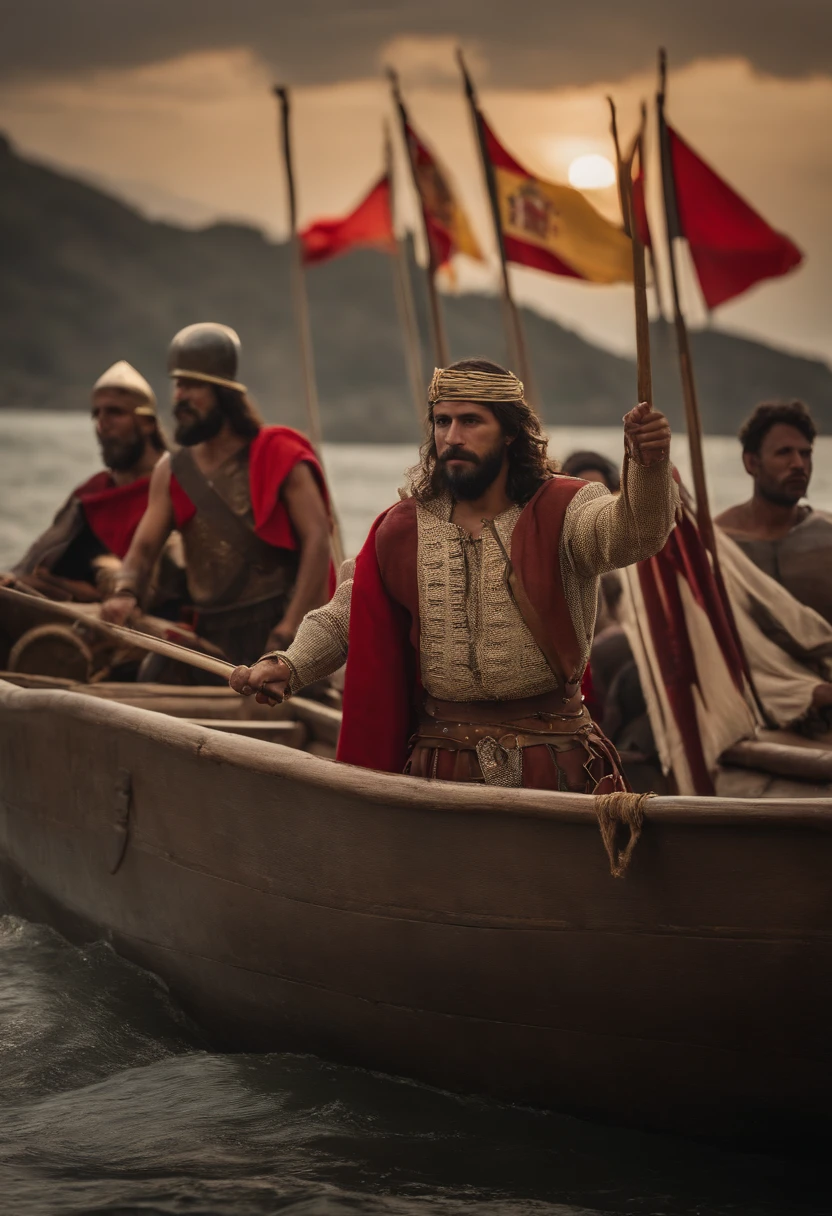 Spanish Christians, They carry Spanish flags and Christian symbols. The conquistadors come face-to-face with a group of indigenous people, cerca del mar. Hay un barco de fondo. Hispanic Heritage Day. Indigenous Resistance Day.