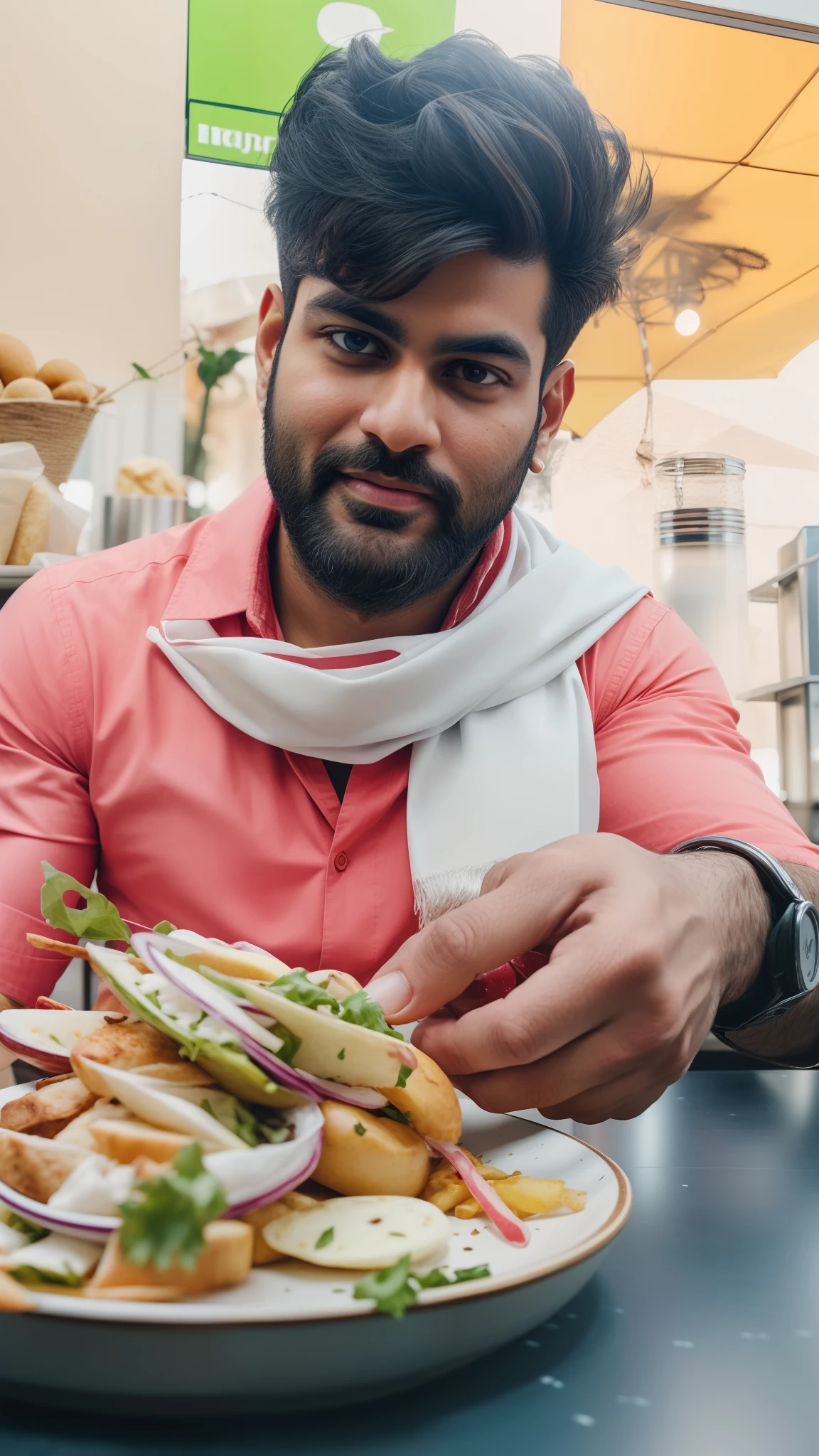there is a man sitting at a table with a plate of food, candid picture, very very high quality picture, inspired by Saurabh Jethani, handsome man, competition winning, profile pic, very artistic pose, candid photo, inspired by Jitish Kallat, profile picture 1024px, taken with sony alpha 9, food stylist, edited in photoshop, ultra realistic face, hyperrealistic, hyperdetailed, ultra detailed face, white scarf of man, stylish beard, stylish hair, stylish look,