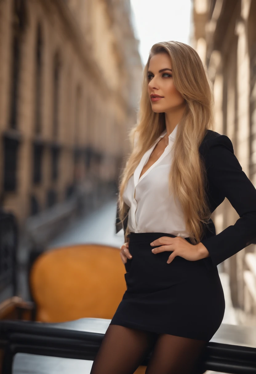professional, (4k photo:1.1), (Dittmann Anna:0.3), (Arian Mark:0.3), (Sharp focus:1.3), high detail, wearing trendy revealing business clothes, beautiful detailed face, hazel eyes, long blonde hair, body shape, office with desk, with windows ahowing diagonal avenue of Barcelona
