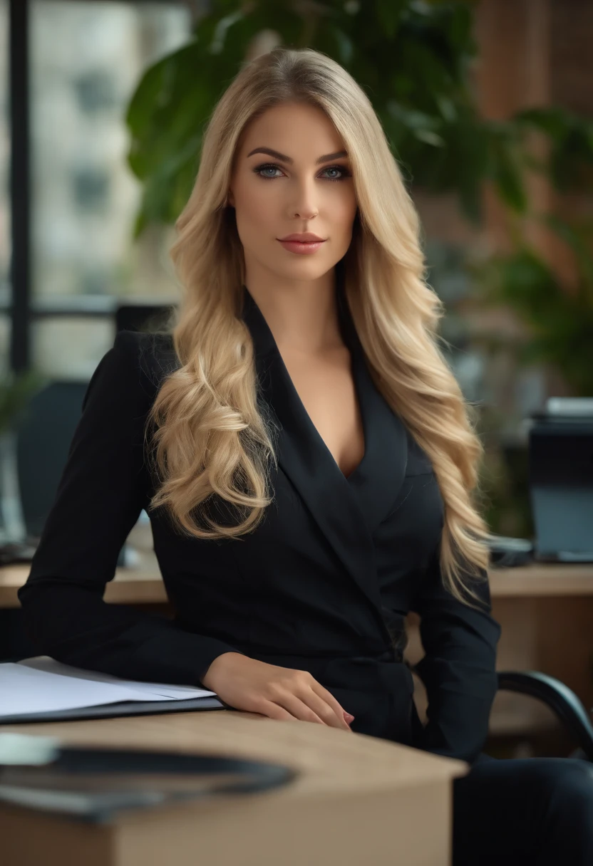 professional, (4k photo:1.1), (Dittmann Anna:0.3), (Arian Mark:0.3), (Sharp focus:1.3), high detail, wearing trendy revealing business clothes, beautiful detailed face, hazel eyes, long blonde hair, body shape, office with desk, with windows ahowing diagonal avenue of Barcelona