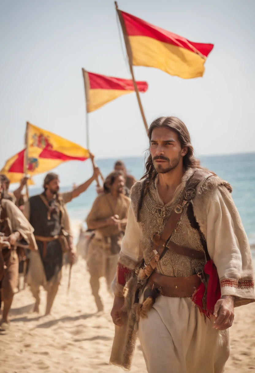 Spanish Christians, They carry Spanish flags and Christian symbols. The conquistadors come face-to-face with a group of indigenous people, cerca del mar. Hay un barco de fondo. Hispanic Heritage Day. Indigenous Resistance Day.