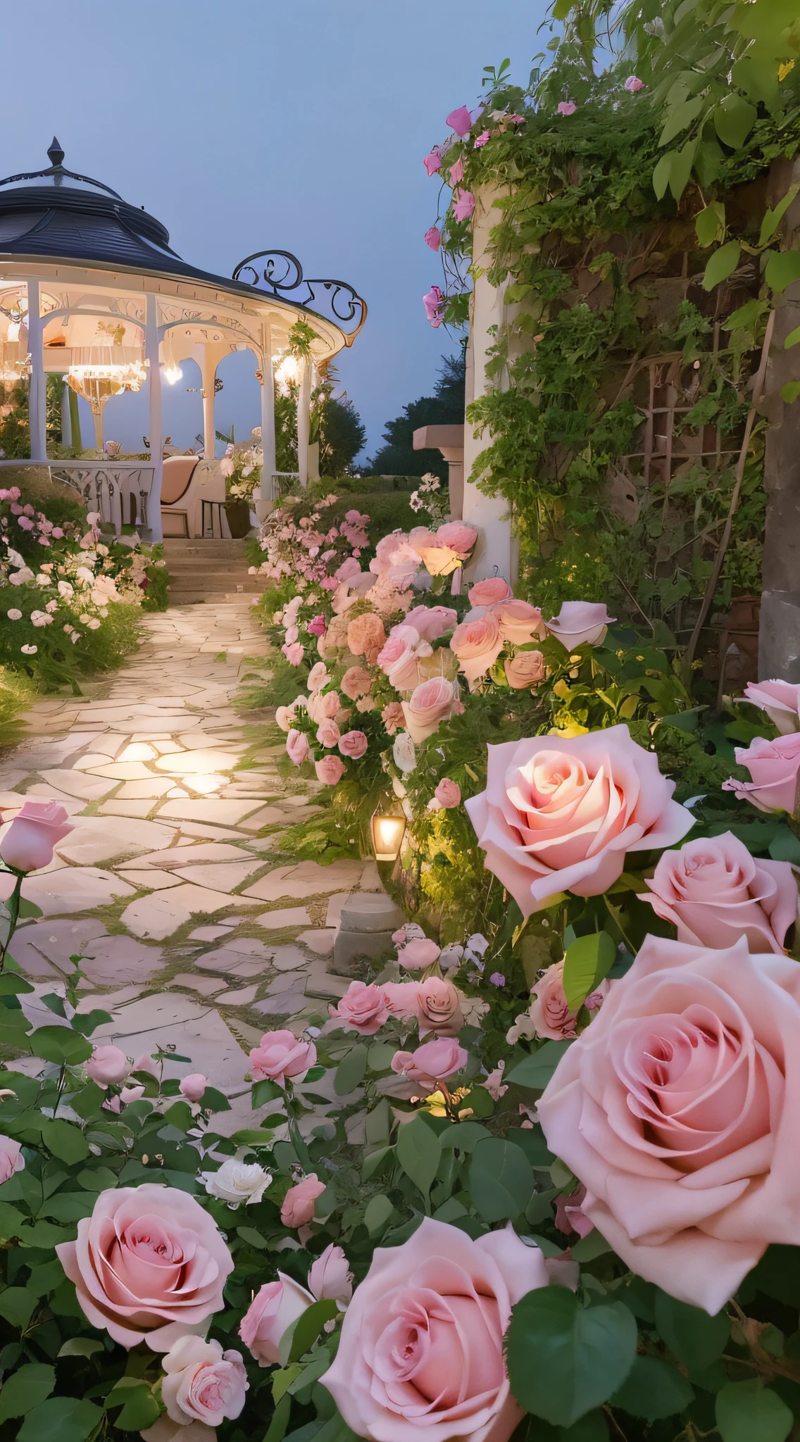 There are a lot of pink roses in the garden,There is a gazebo, very magical and dreamy, Beautiful and aesthetic, portal made of roses, Rose garden, Lush outdoor flowers, rose pink lighting, roses in cinematic light, sitting in the rose garden, dreamy and romantic, in a cottagecore flower garden, Lush chic garden, beautiful ambiance, Gorgeous atmosphere