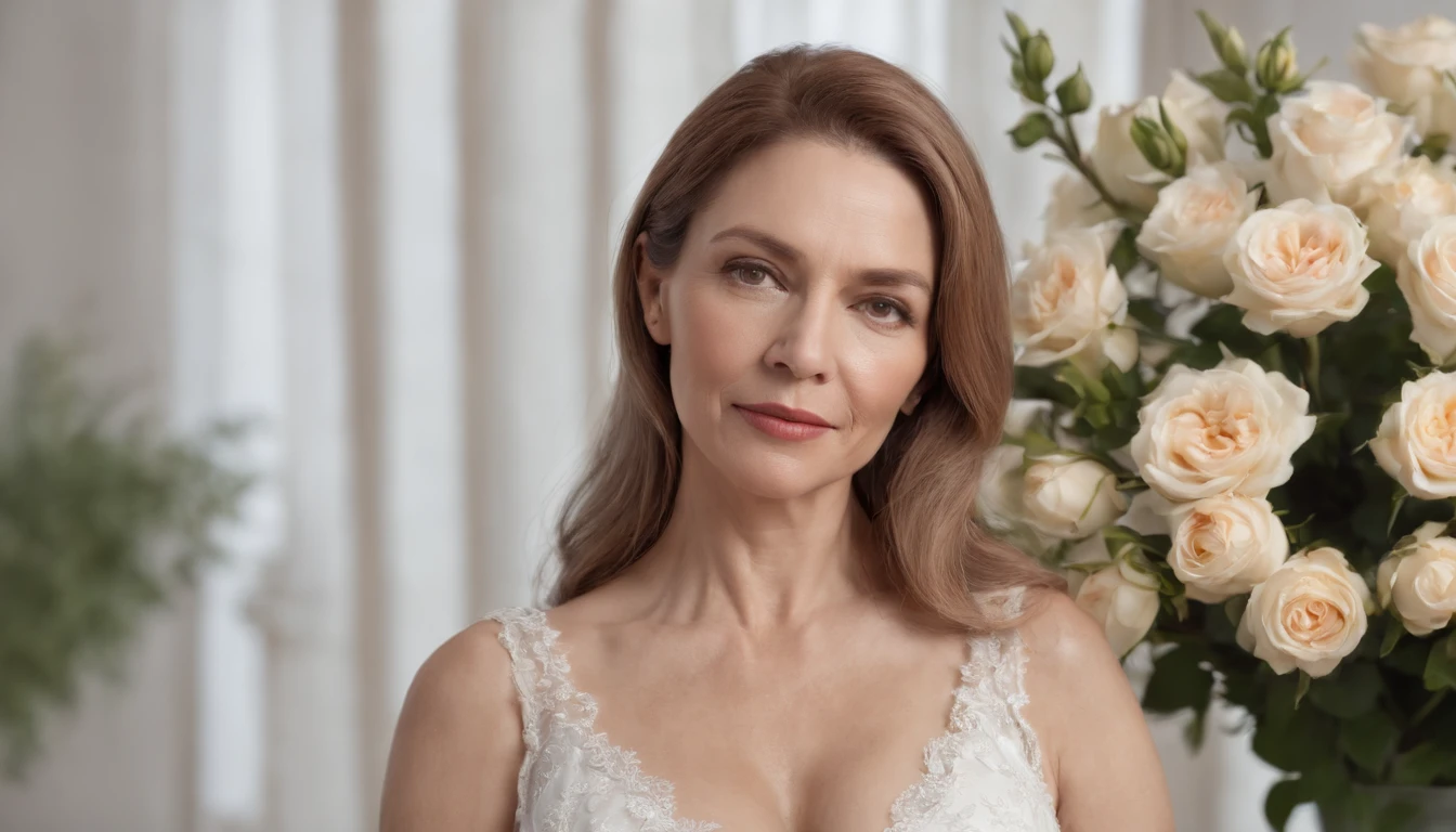 Sultry elegance of a 60-year-old senior woman in a very exciting white dress, Huge-breasts,Guilt of the whole body in all limbs, She has a very beautiful figure, Gorgeous, Photo in a short skirt, Sexy, realistic camera of Iphone 14 pro, foto realista, No eye deformity, shooting, dream, Hyper-realistic, 4k, Detailed beautiful woman, full - body, seductive, (hiquality, High Resolution), She is 60 years old, Eyes Normal Man Old Model In Front Of Flowers, Trending on ArtStation, sharp-focus, studio photo, intricate details, Highly detailed, by Greg Rutkowsky, Normal Human Eyes,