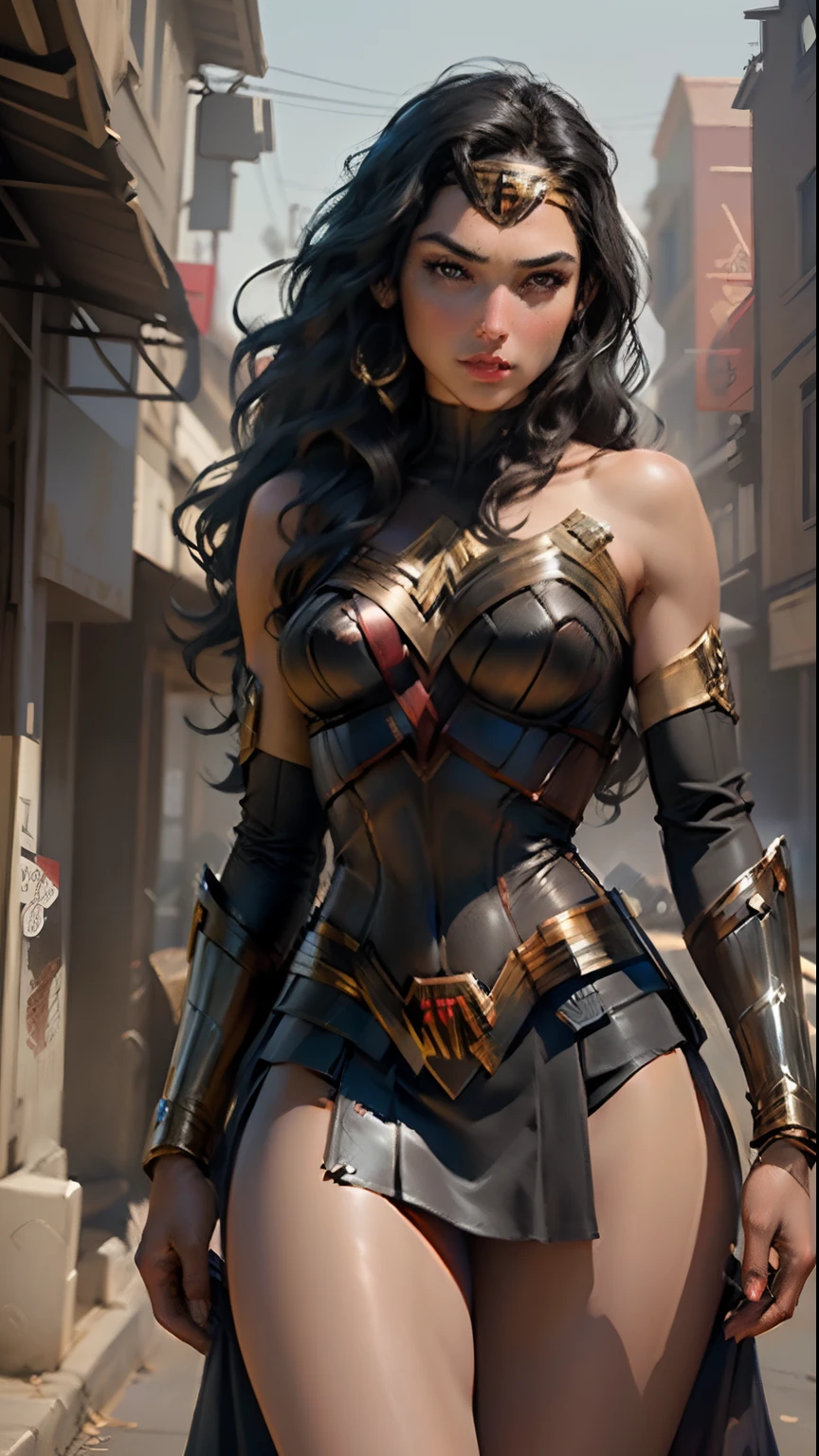 (best quality)), ((masterpiece)), ((realistic)), (detailed), detailed face, wonder woman (gal gadot)Beautiful woman (20s, Long dark blue hair, black eyes, big breasts ) defined, detailed body, wearing tube dress wonder woman(((huge breasts))) sexy clothes