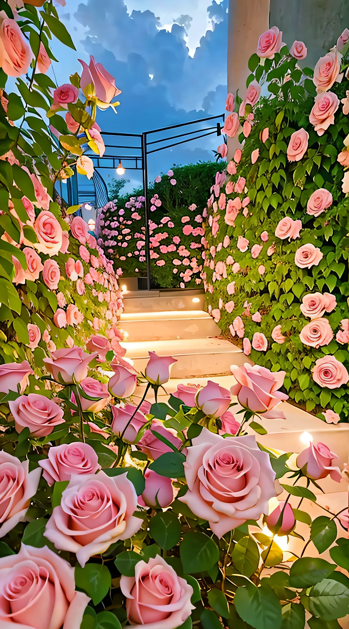 There are many pink roses in the bushes, portal made of roses, rose pink lighting, very magical and dreamy, with soft pink colors, Glowing flowers, dreamy and romantic, an aesthetic field of flowers, Beautiful and aesthetic, roses in cinematic light, Dreamy atmosphere, Rose garden, lights with bloom, dreamy aesthetic, Gorgeous atmosphere, Magical flowers, beautiful ambiance