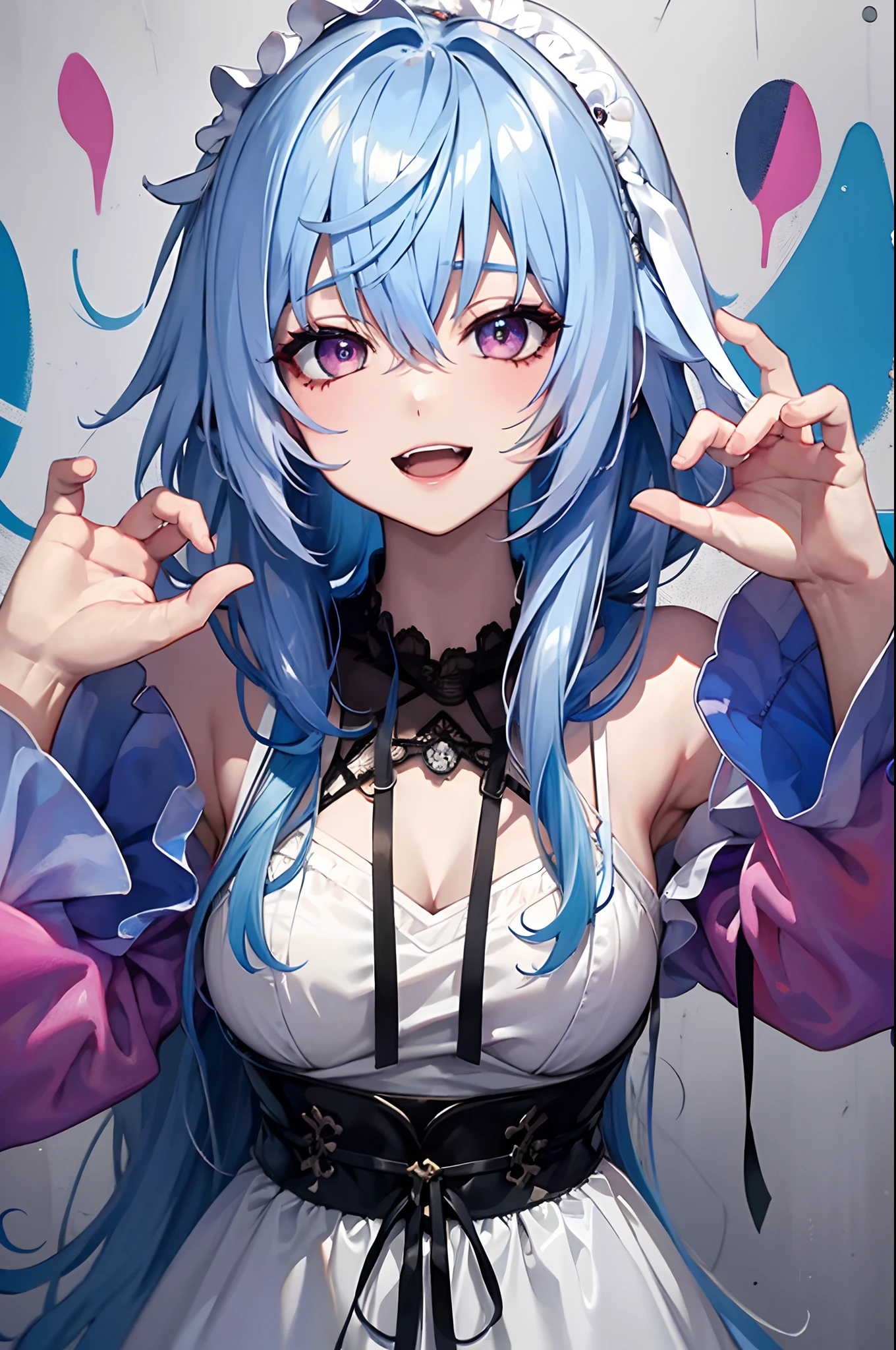 masterpiece, high quality, highres, absurdres, ultra-detailed, 8k, 1girl, platinum grey hair, blue hair, multicolored hair, gradient hair, looking at viewer, colorful eyes, colorful hoodie, (graffiti murals wall background:1.15), brilliant colorful paintings, bloom, portrait, open mouth, waist bag, against wall, bangs, shadow, reflection, Graffiti face, colourful eyes, open mouth, yandere expression, smile, look at viewer