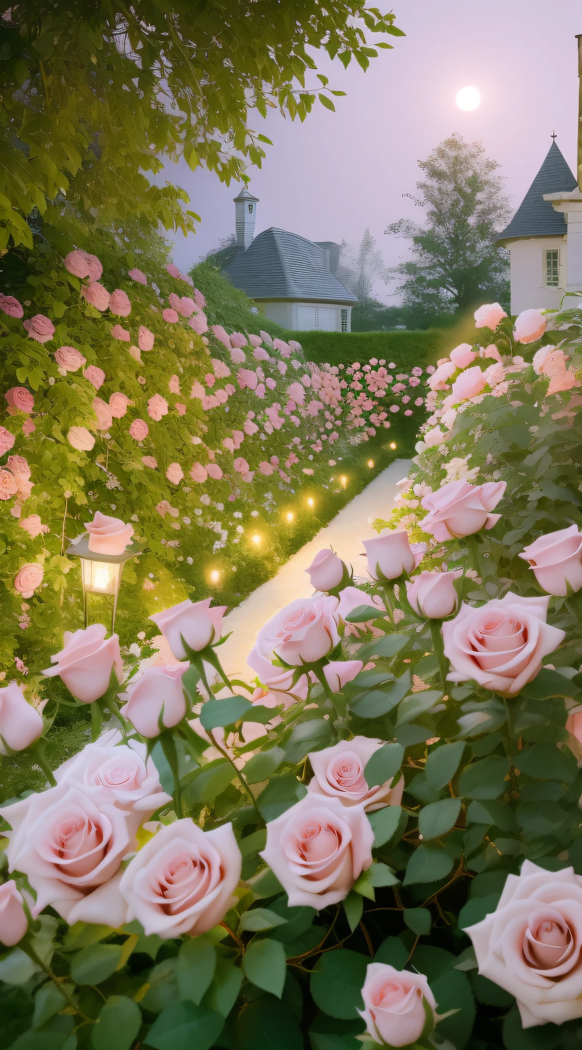 There are many pink roses growing in the illuminated garden, Beautiful and aesthetic, Rose garden, an aesthetic field of flowers, beautiful aesthetic, rose pink lighting, beautiful aesthetic design, dreamy aesthetic, in a cottagecore flower garden, roses in cinematic light, cottagecore flower garden, Lush outdoor flowers, sitting in the rose garden