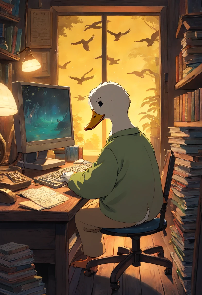 A duck using a computer in a very dark room、Keyboard and mouse to write novels