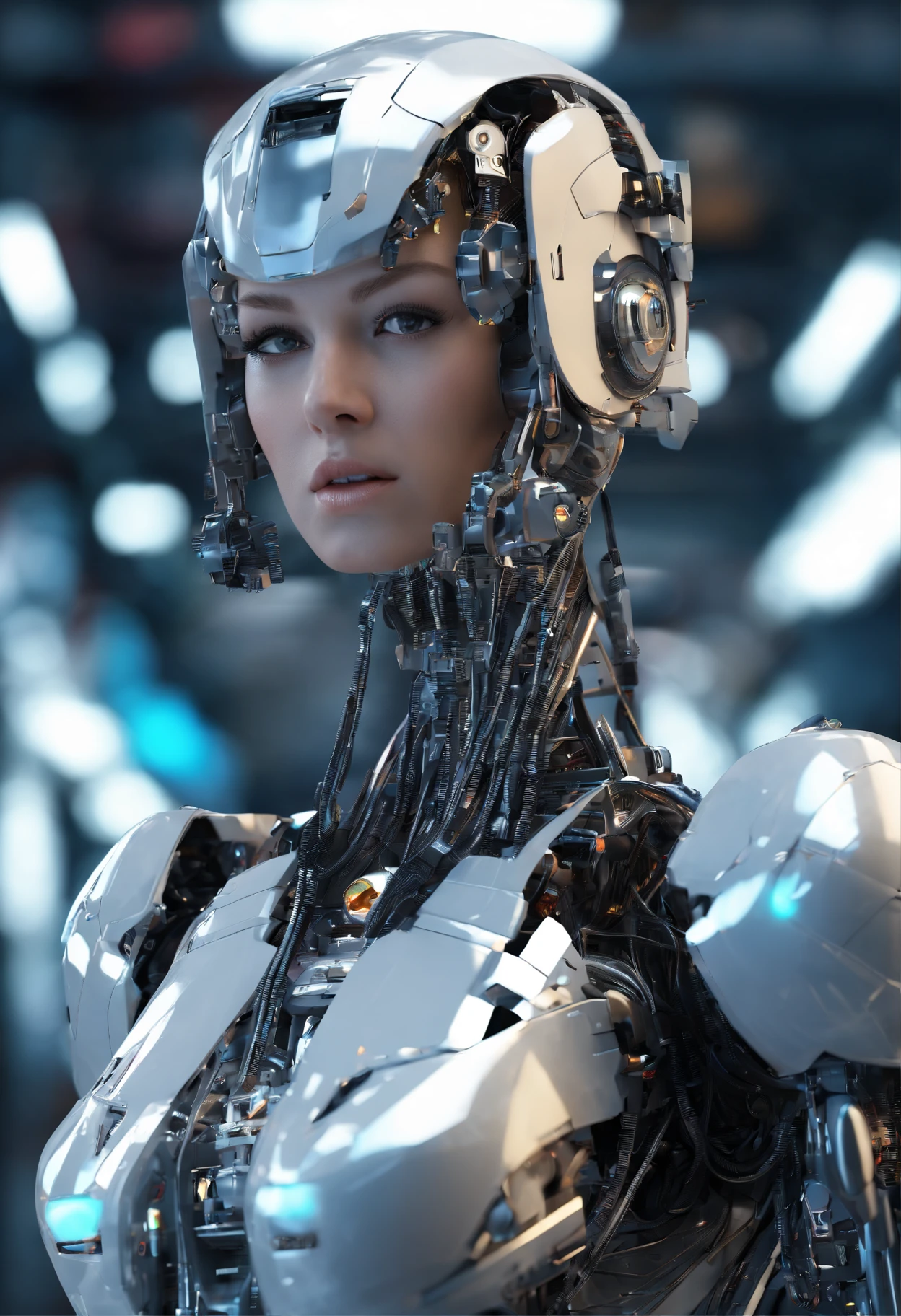 Woman dressed in Gundam mecha , long legged，Large bust，Science fiction, Front view, sense of science and technology, C4D, OC Renderer, illusion engine, high detailing, industrial design, 8K HD, studio lights, Retro，refined face，Delicate eyes，Bust，largeeyes