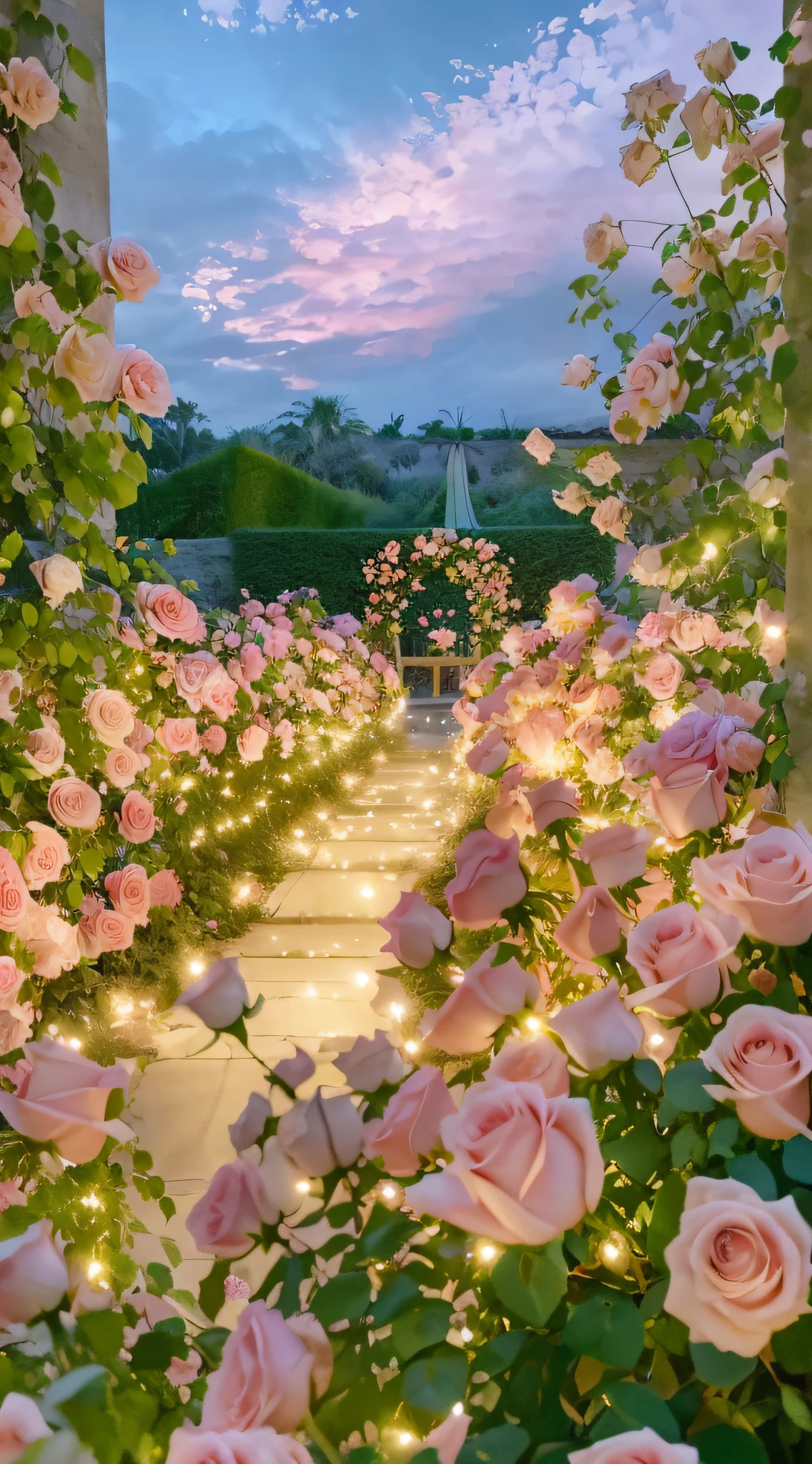 There are a lot of pink roses in the garden with lights, Beautiful and aesthetic, dreamy aesthetic, portal made of roses, lights with bloom, an aesthetic field of flowers, very magical and dreamy, rose pink lighting, roses in cinematic light, night sky full of flowers, beautiful ambiance, beautiful aesthetic lighting, Glowing flowers, glowing aesthetic, Dreamy atmosphere, floral sunset