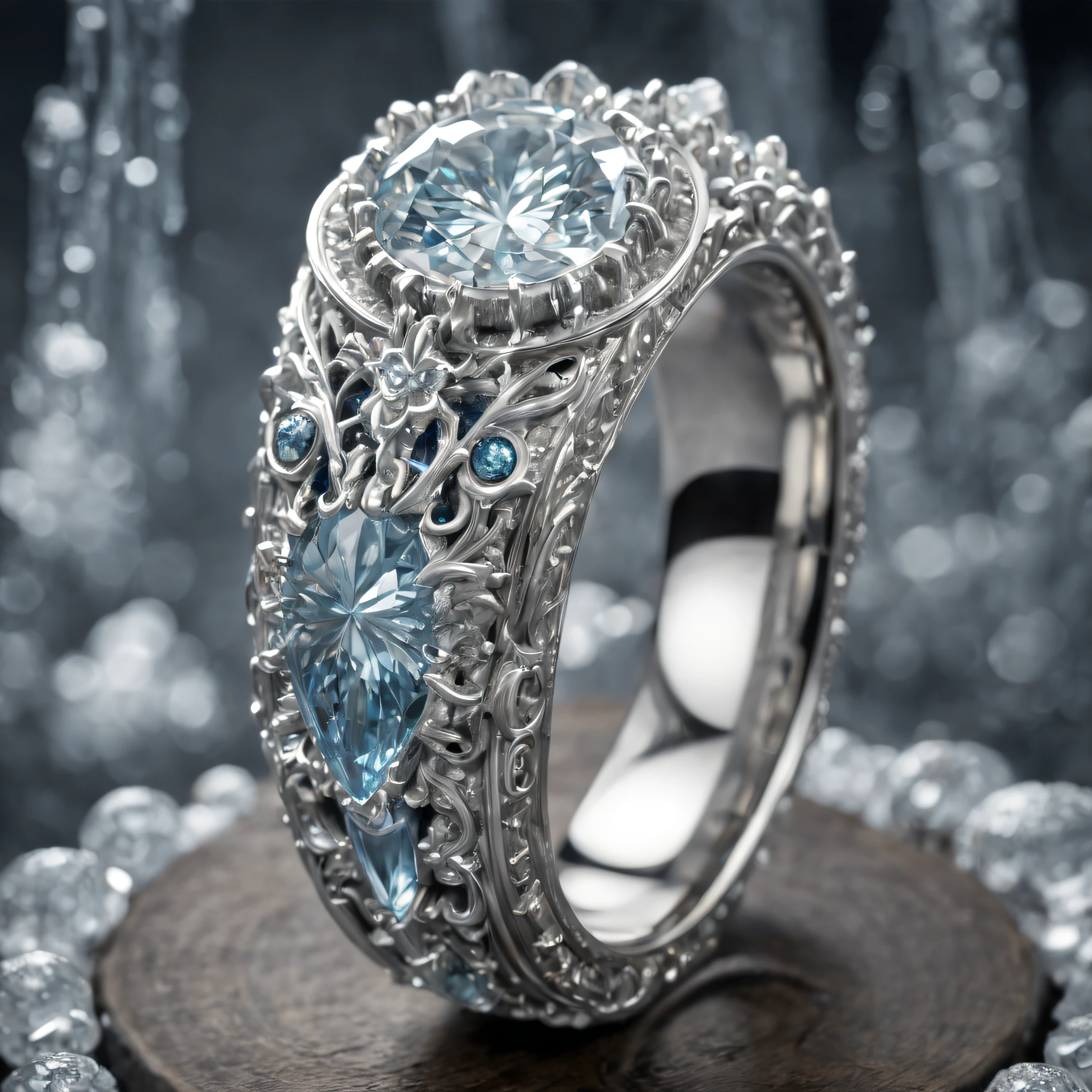 (8K, 16 k, Award-winning, Highest quality, Top resolution, Super detail, high detal, Anatomically correct, masutepiece, Stunning beauty), (metal ring: 1.3), (Icicles grow from rings :1.5), Manly ring, detailed ornaments, Snowflake carving, delicate craftsmanship, Legendary rings, Very rare, Intricate details, The ring is made of a metal called orichacam, There are no gemstones, ( The ring is engraved with ancient characters: 1.2), perfect circle, Platinum, Trapped in a cold world, blanche, gold, Silver