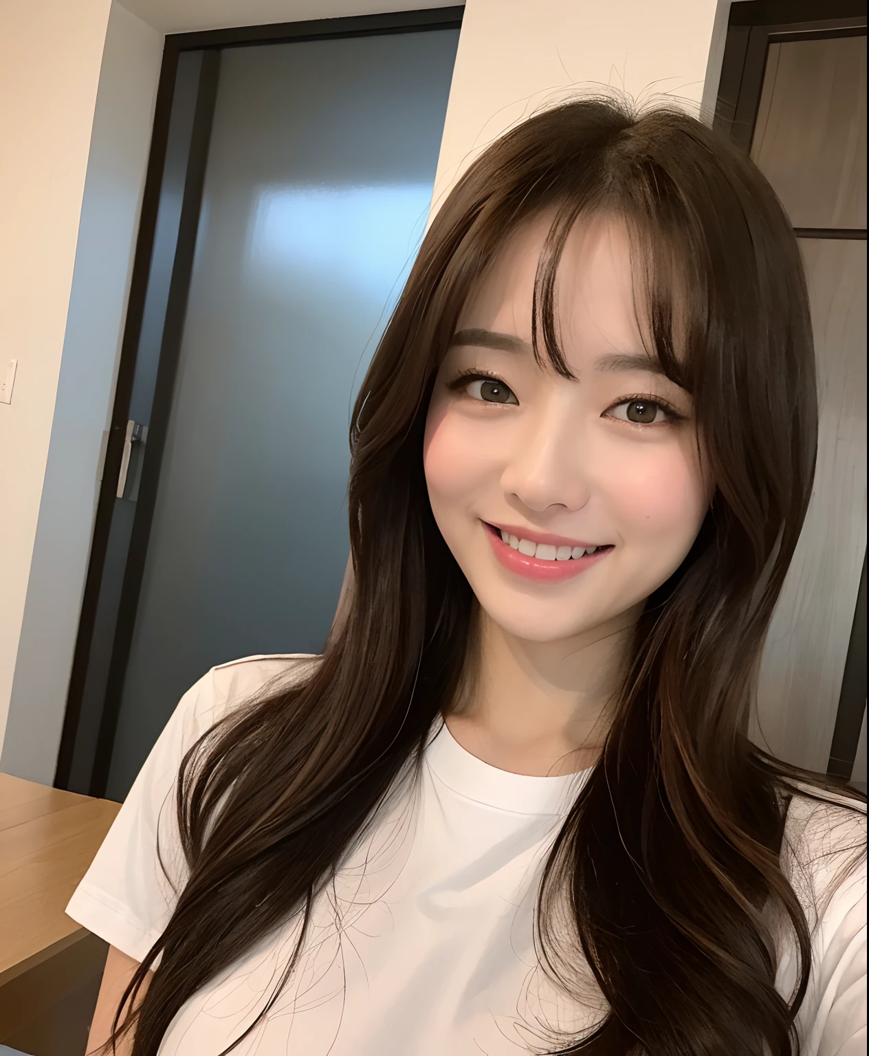 White tight shirt、White tight skinny mini skirt、bed、smile、Short sleeve、high resolution、Korean idol face、double eyelid、White teeth、Medium Hair