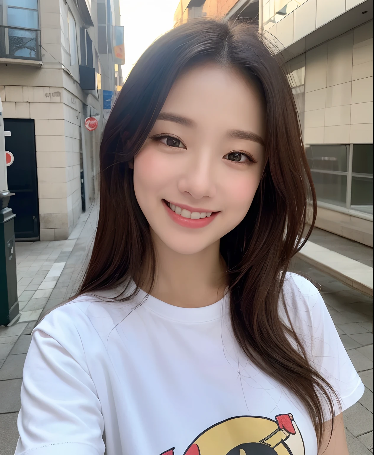 ((Top  Quality、in 8K、​masterpiece:1.3))、1girll、Emphasis on a beautiful woman with chubby abs:1.3、(Long-haired、tits huge:1.2)、in the city、super delicate face、wholesome、Double eyelidd、A smile with bared teeth、Random color t-shirt、Looking at the camera、big grin、Look Here、Look at me with your eyes wide open、Cozy feeling、tee shirt、Take a walk outside