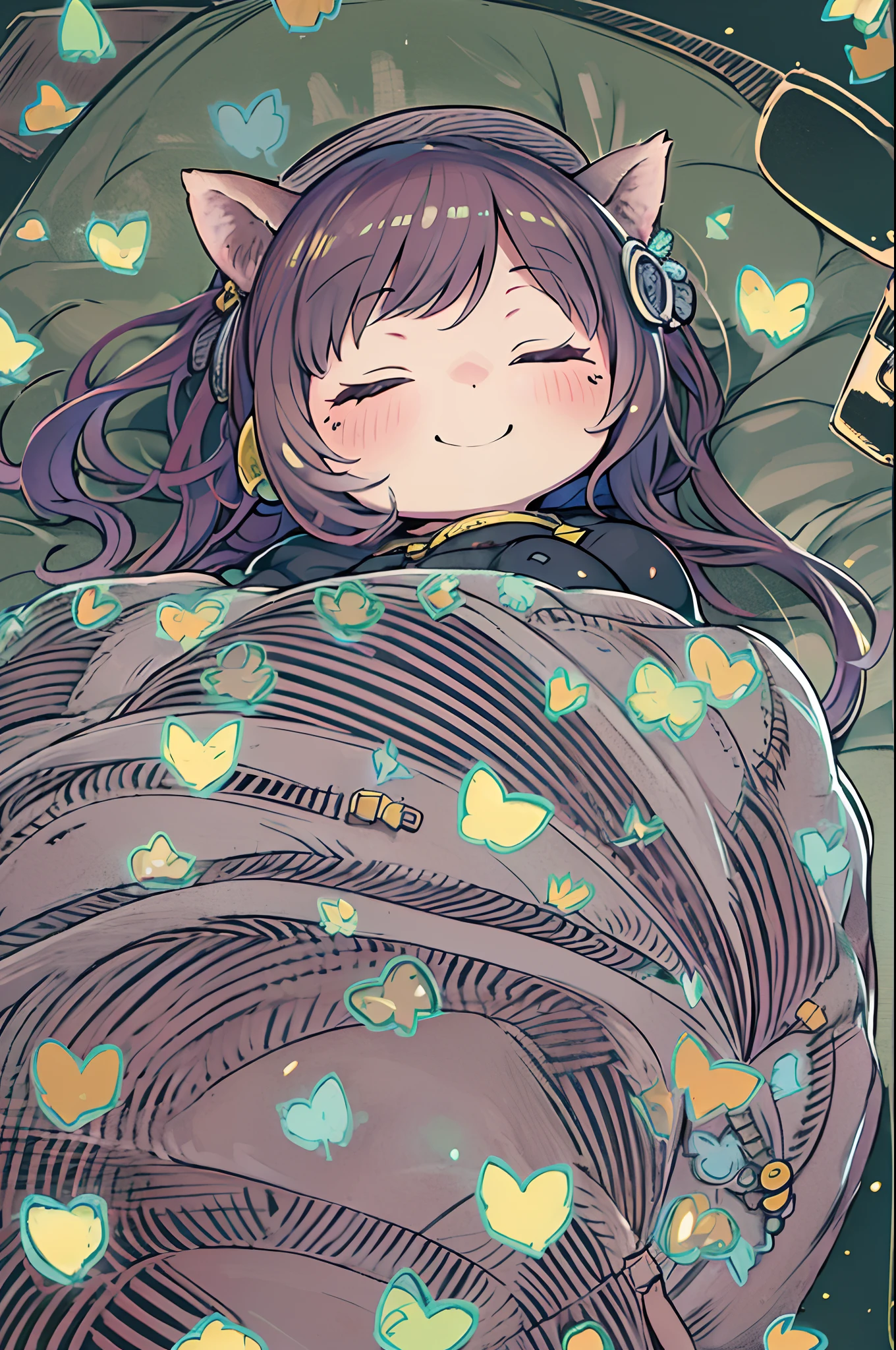 masutepiece, Best Quality, 1 girl, Solo, effect, Dark background, Sleeping in bed with a happy face,Chibi、bbw