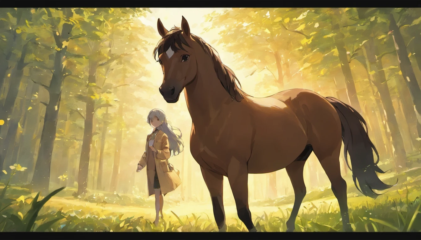 Create an illustration of a horse named Hank standing proudly outside the open stable door on a radiant and beautiful sunny day. Hank has a gleeful expression, and the sun is casting a warm, golden glow over the entire scene, making the surroundings appear vibrant and full of life. Please emphasize the horse's optimistic and contented demeanor as it enjoys the splendid weather and the freedom of the open field