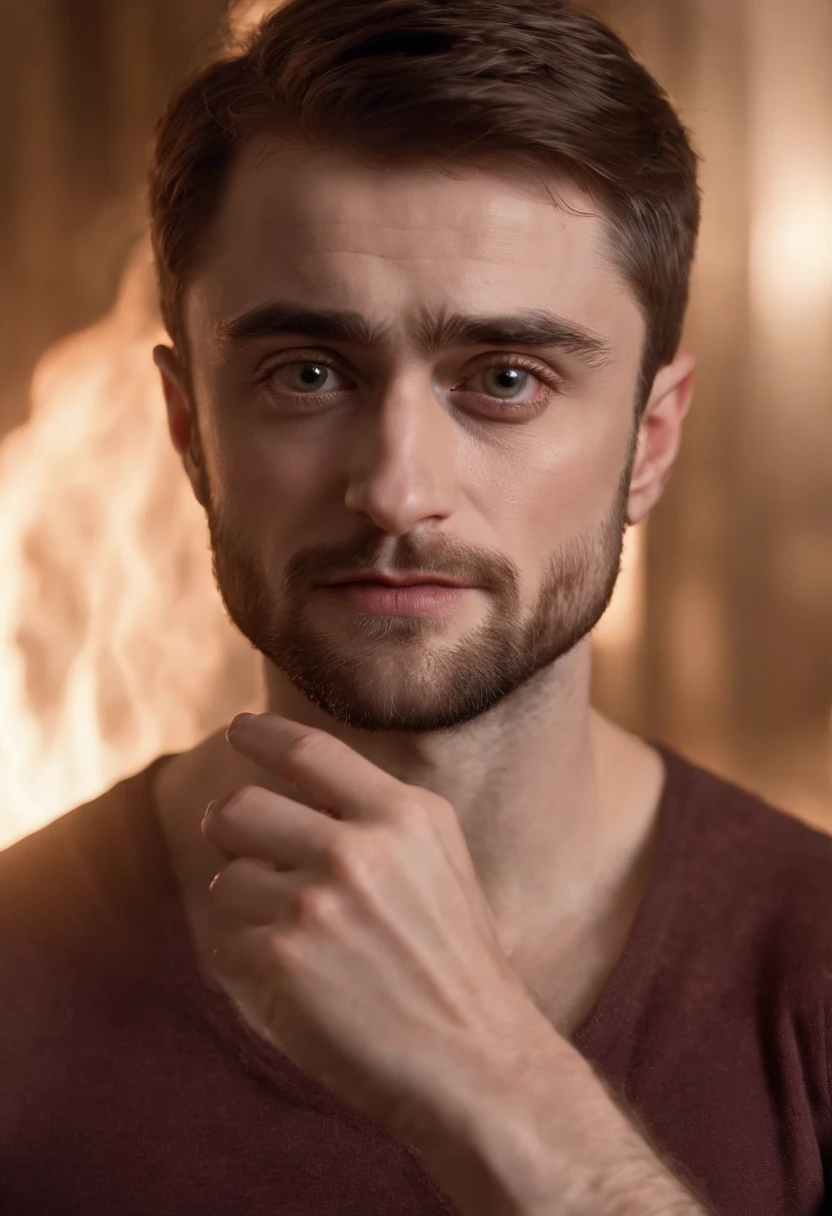 "Create a photorealistic 8K portrait of Daniel Radcliffe  as woolverine with a muscular physique. He should be captured in a cinematic close-up shot, exuding intensity and seriousness. Daniel Radcliffe's face, having woolverine clawsshould feature a stylized, photorealistic version of Wolverine's facial hair. He should also have Wolverine claws extended from his knuckles. In this close-up shot, he's smoking a cigar, with dramatic cinematic lighting that enhances the mood and intensity of the scene. The focus should be on his intense expression and the smoke billowing around him, creating a captivating and powerful portrait."
