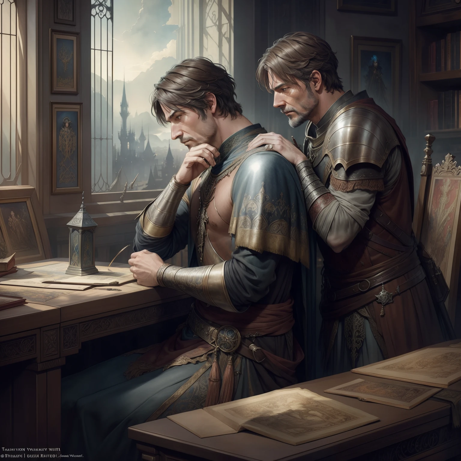 a man comforting another man, medieval fantasy, line art watercolor wash, concept art, by Brian Froud and Carne Griffiths and Wadim Kashin and John William Waterhouse, intricate details, 8k post production, high resolution, hyperdetailed, trending on artstation, sharp focus, studio photo, intricate details, highly detailed, by greg rutkowski