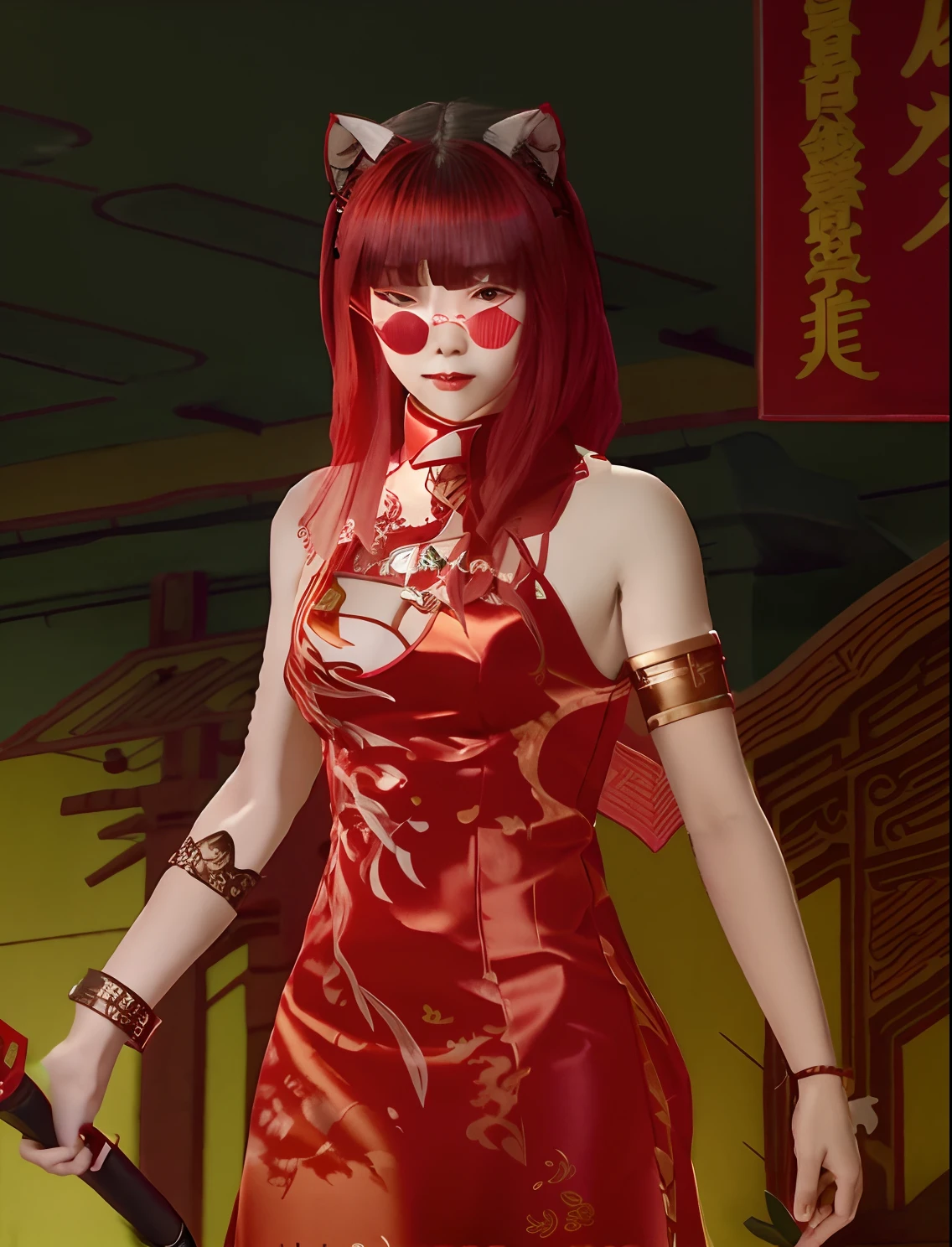 there is a woman in a red dress holding a sword, wearing a red cheongsam, inspired by Ren Xiong, inspired by Pu Hua, cheongsam, kanliu666, full body xianxia, lineage 2 revolution style, crimson attire, inspired by Hong Ren, m4 sopmod ii girls frontline, inspired by Sim Sa-jeong