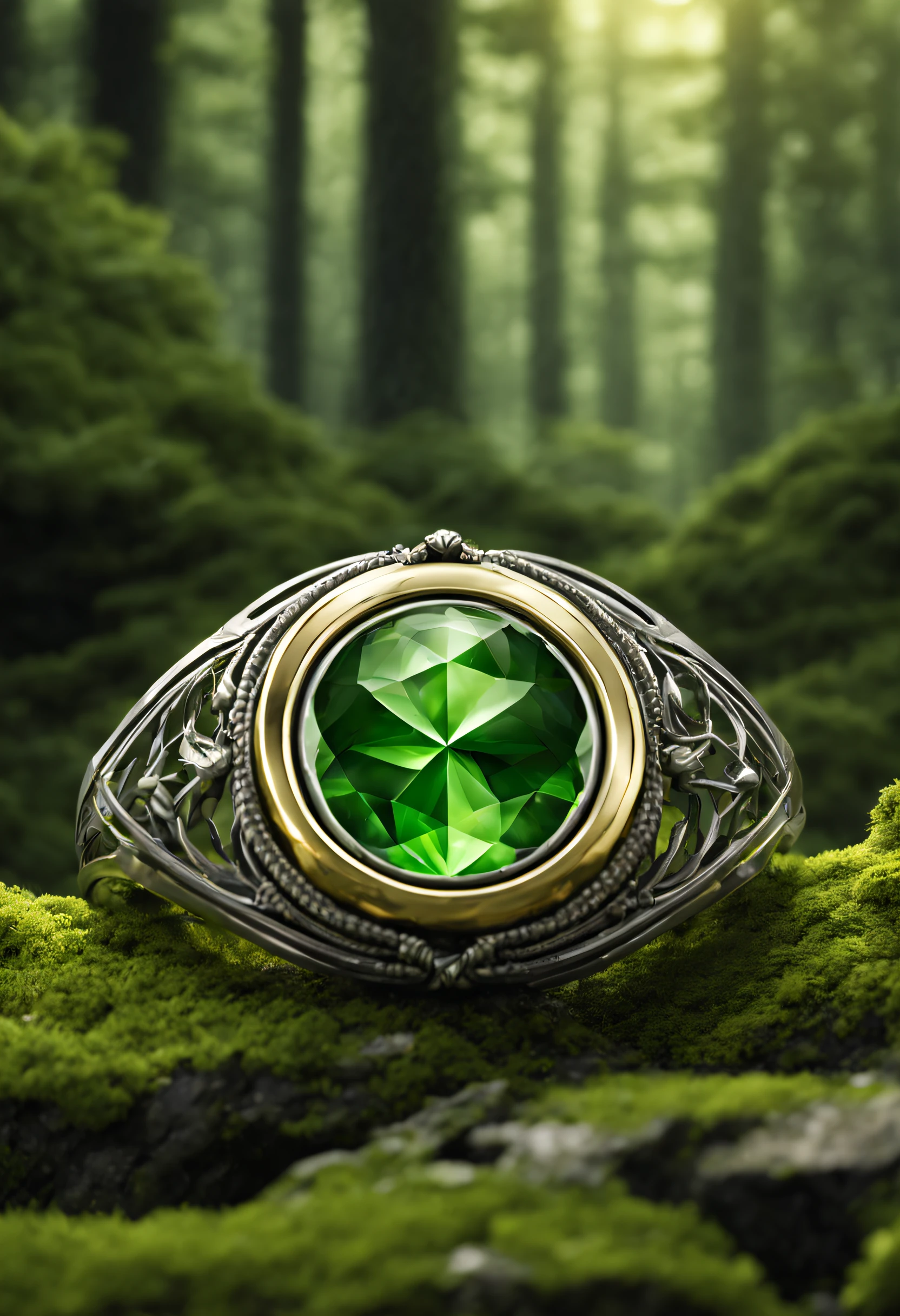 Majestic ring, ((The Earth is in the center)), Metal surrounding in blade design, Green forest background