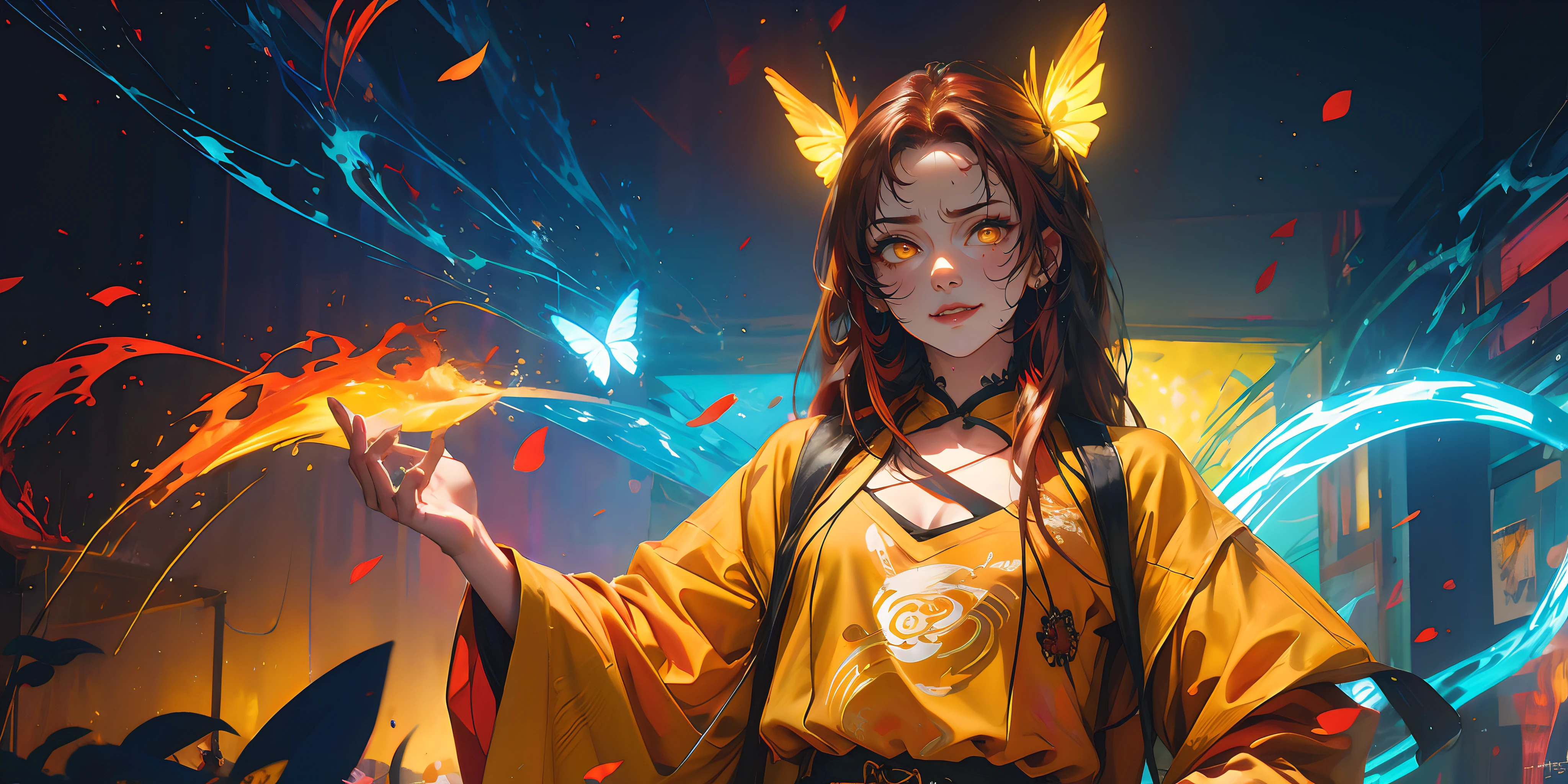 murata_himeko, (red hair, long hair:1.6), yellow eyes, sweating, glowing eyes, heavy breathing, epic art, fantasy art, butterfly, lantern, wide_sleeves, 1girl, blue_butterfly, standing, lips, instrument, long_sleeves, looking_at_viewer, chinese_clothes, glow effects, godrays, Hand drawn, render, 8k, octane render, cinema 4d, blender, dark, atmospheric 4k ultra detailed, cinematic, Sharp focus, big depth of field, Masterpiece, colors, 3d octane render, 4k, concept art, trending on artstation, hyperrealistic, Vivid colors, extremely detailed CG unity 8k wallpaper, trending on CGSociety, Intricate, High Detail, dramatic,