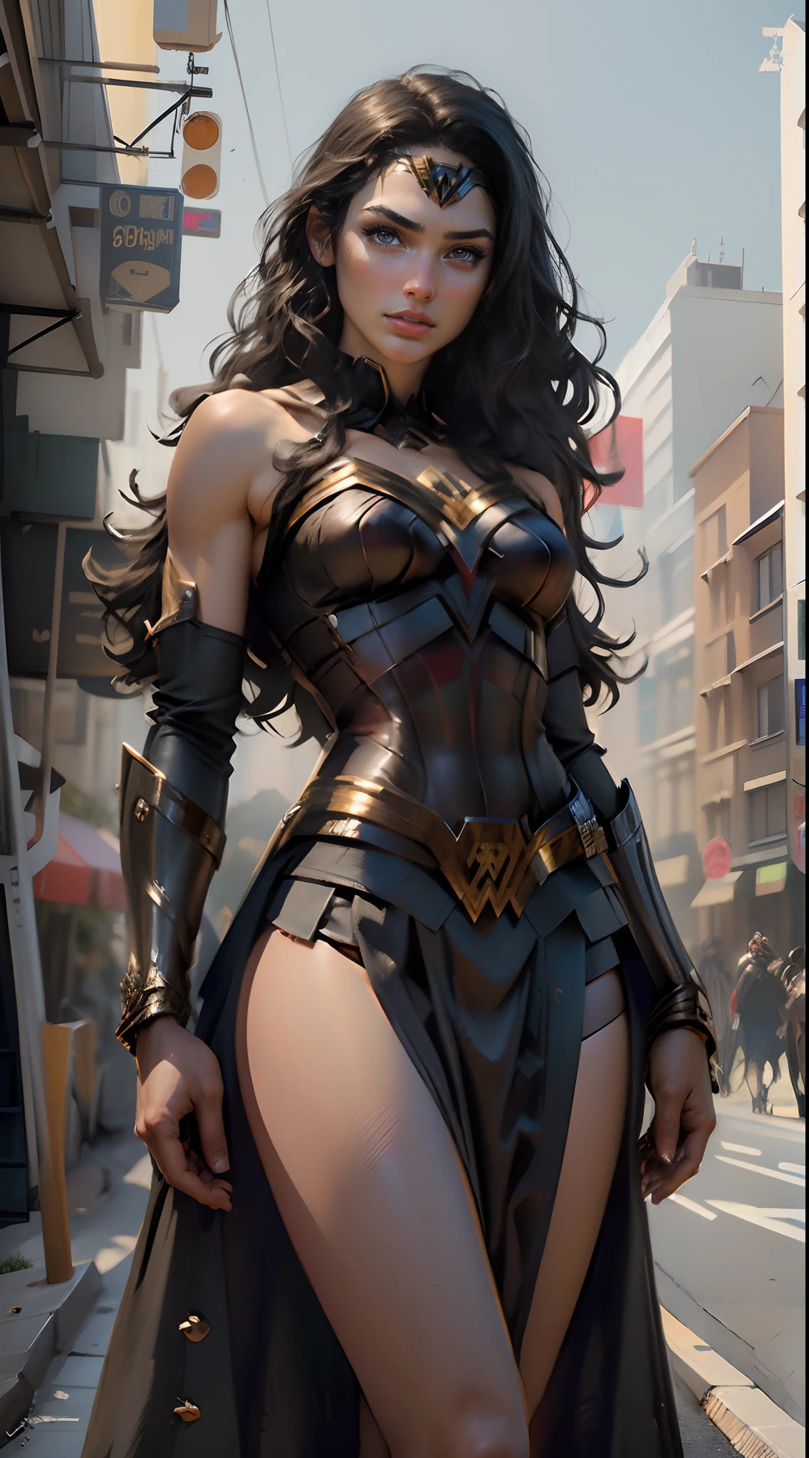 (best quality)), ((masterpiece)), ((realistic)), (detailed), detailed face, Dark chocolate skin wonder woman (gal gadot)Beautiful woman (20s, long black hair, blue eyes) defined, detailed body, wearing tube dress wonder woman