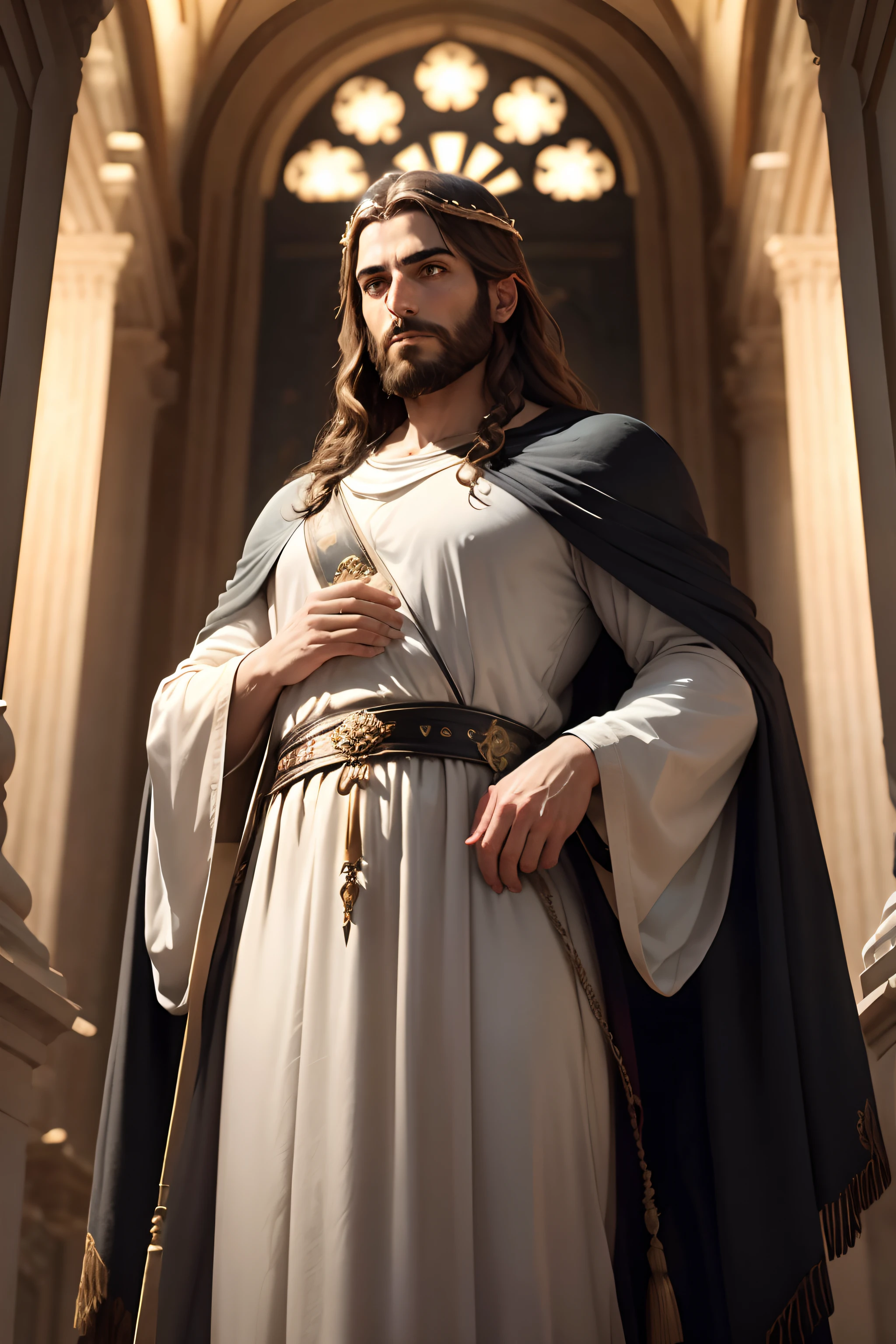 Artist's depiction of Jesus the Jew, where He is portrayed in an imposing and majestic manner, usando uma coroa deslumbrante decorada com pedras preciosas brilhantes. The image should convey a sense of divinity and grandeur, with vibrant colors that enhance the magnificence of the scene. Describe the details of the crown and the colors used in the image to create a stunning visual representation of Jesus