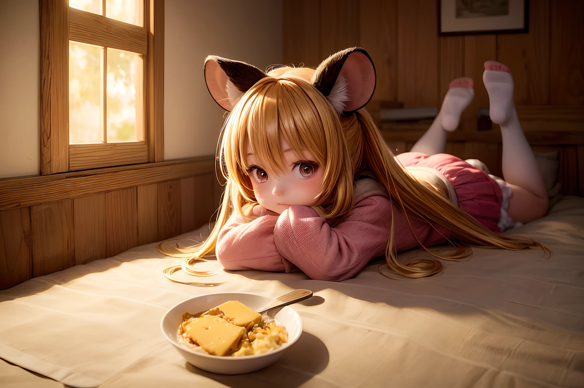 "Photograph capturing an anime-themed scene with a little girl in mouse ears, enjoying cheese in a snug room. Golden hour-like lighting, anime ambiance, enchanting."