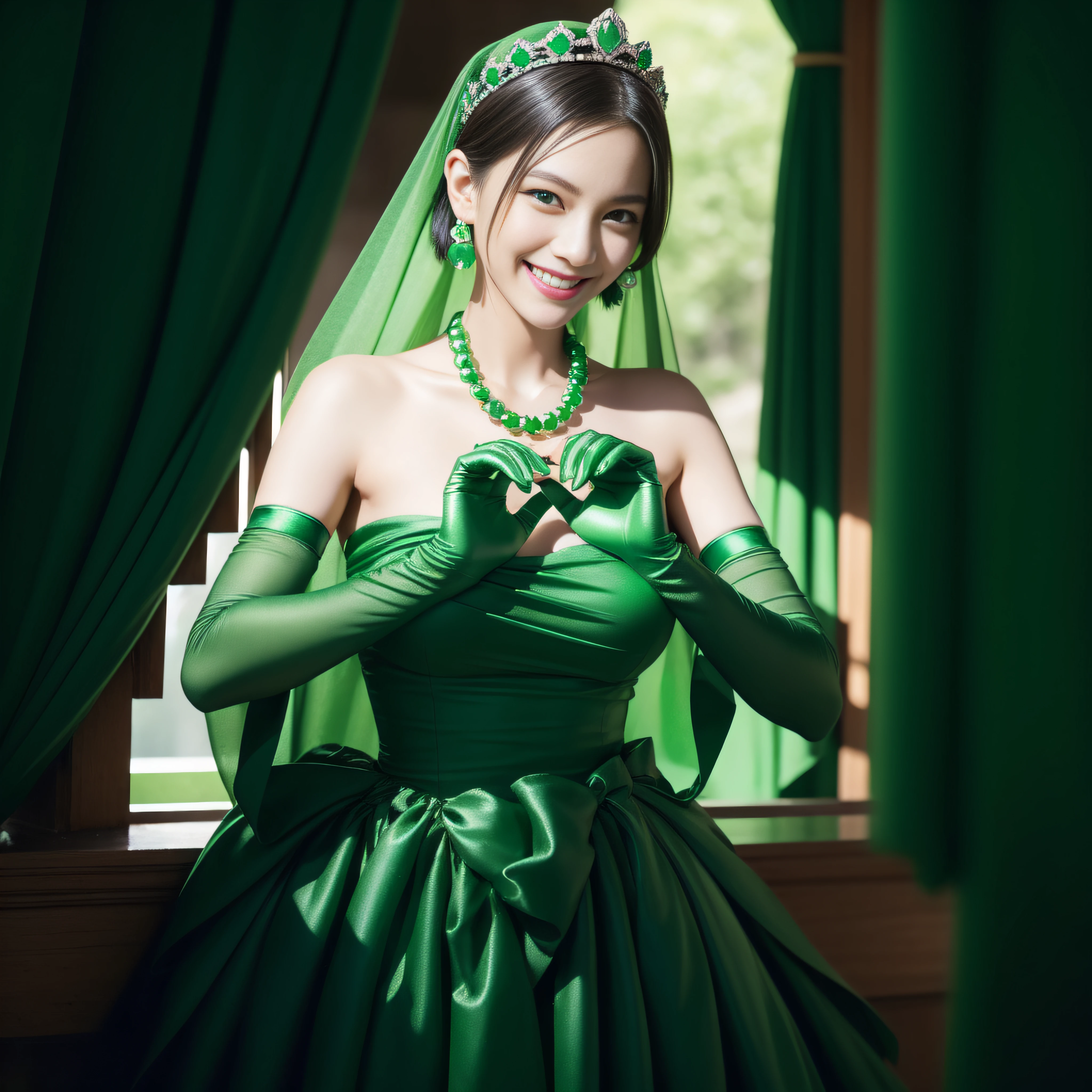 emerald tiara, Green Pearl Necklace, Boyish very short green hair, lipsticks, Japan woman smiling, very short short hair, big breasts beautiful, Green eyes, Long green gloves made of satin material, Green eyes, Emerald Earrings, green vale, Heart with both hands