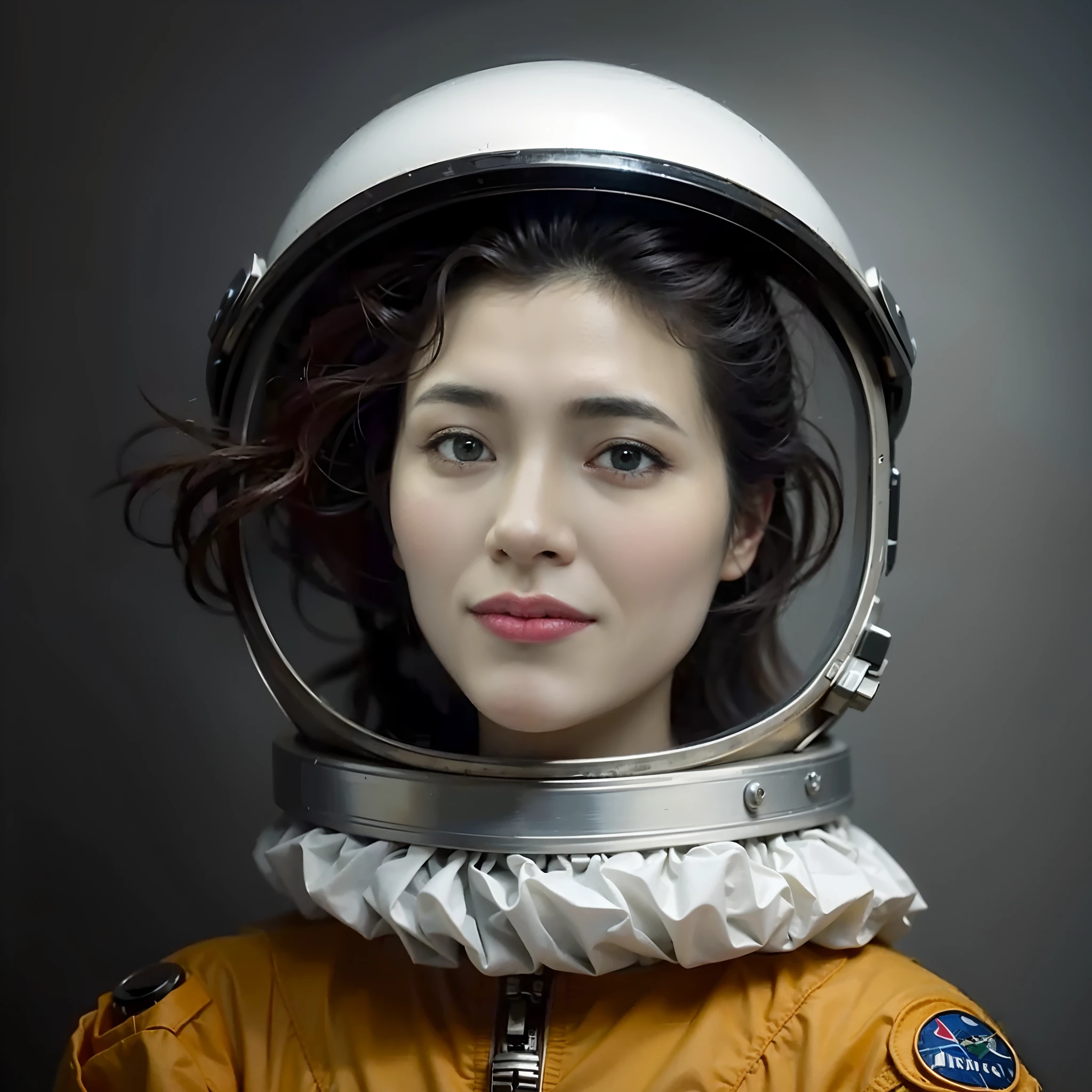 a picture、(Photorealsitic:1.4)、(hyper realisitic:1.4)、(Cinematic:1.5)、Woman in her 20s、caucasian female、(beautiful and delicate face)、(High-quality eyes)、fashion photograhy、monochromes、(space suits)、A space station、(Complex wiring)、factories