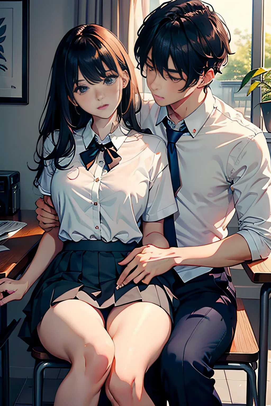 top-quality tmasterpiece Male and female couples The girl sits in a chair,Wear tight skirts and shirts。The boys hugged each other from behind。Boy in high school trouser uniform,The hairstyle is cut for mashed potatoes。Without glasses、Revenge relationship