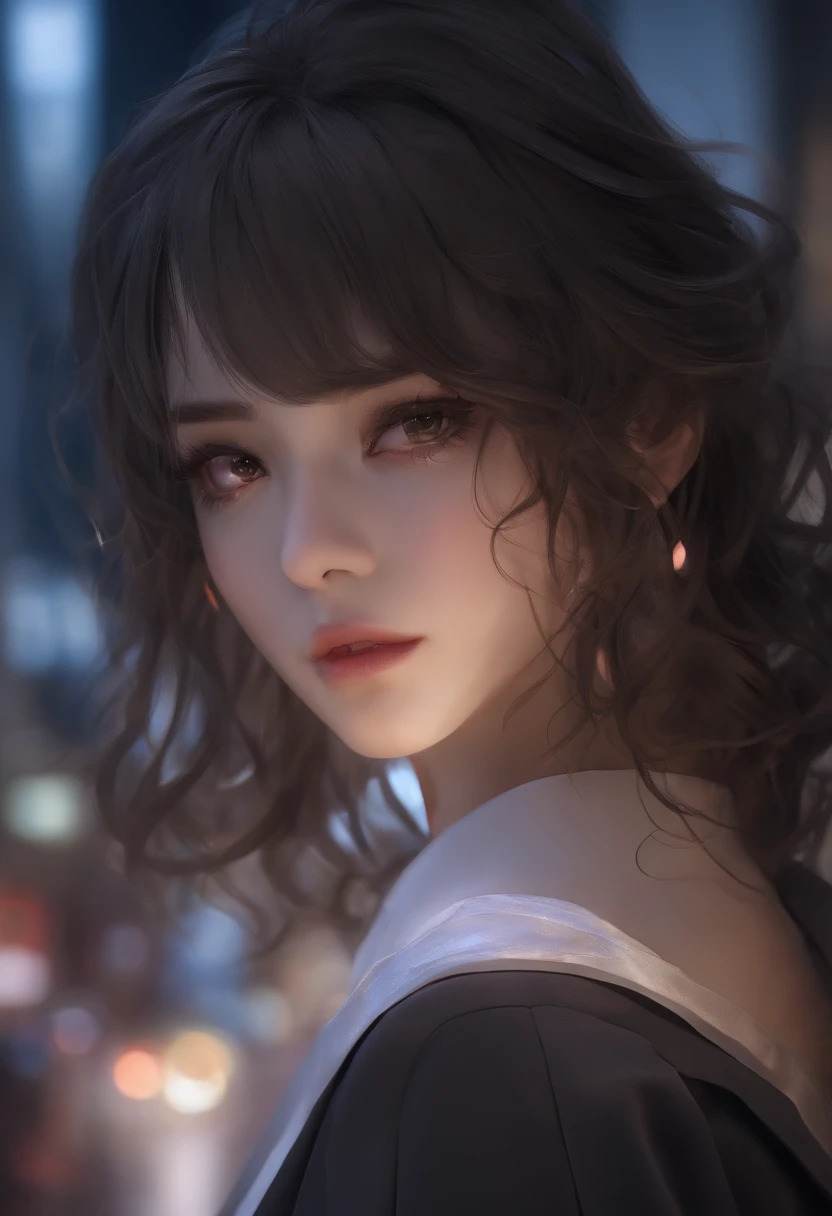 11, HDR, RTX, raytracing, natural light, Absurd, The best qaulity masterpieces, Perfect anatomy, highly detailed faces, detailed eyes, 1girls, bara, Wearing a business suit, shirt, The top button is on., gorgeous hair, extremely beautiful, annoyed, evening, Evil Aura, high wind, shining eyes, serious expression, Dystopian City, future, detailed background, Award Winning, neon lights, Trending on art station