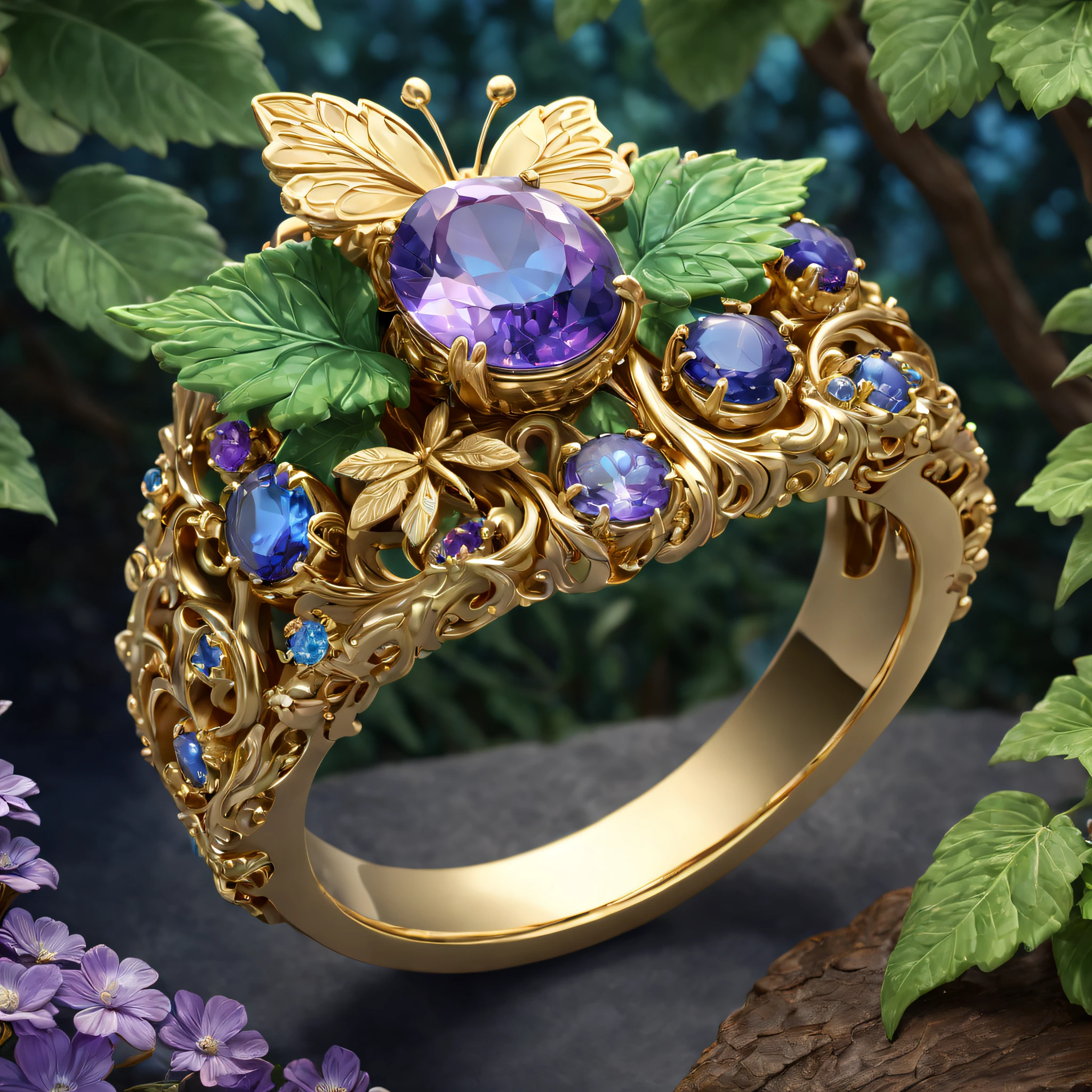 Product image of the ring,Gold ring set with blue-purple gemstones,tmasterpiece,(Very detailed CG unity 8K wallpaper),(best qualtiy),(Most Best Illustration),(Best shadow),The background is a forest theme with natural elements,blossoms,a warm color palette,surrounded by exquisite leaves and branches,rays of sunshine,(nature elements),(Jungle theme),(leafs),grape trees,butterflys,(exquisite leaves),(Particle effect),Isometric 3D,rendering by octane, Ray traching,ultra - detailed