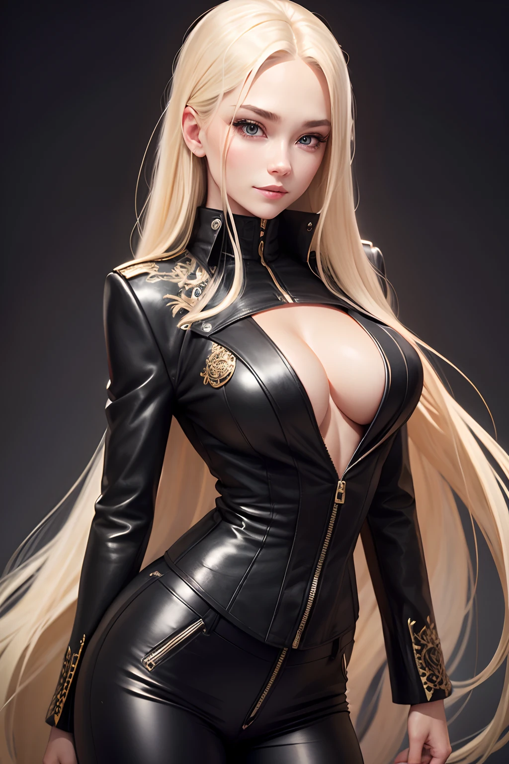 blonde girl with long hair,black pants,black jacket,happy facial expression,highly detailed and beautiful, Highly detailed face,big chest, Cute beautiful woman with perfect body,Highly detailed and focused on face,High Definition Breast,(1 girl)