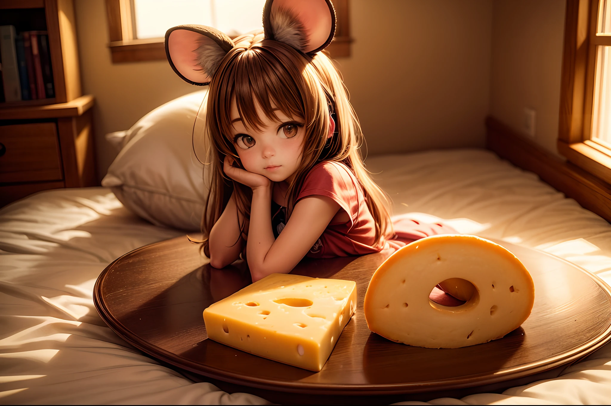 "Photograph capturing an anime-themed scene with a  girl in mouse ears, enjoying cheese in a snug room. Golden hour-like lighting, anime ambiance, enchanting."