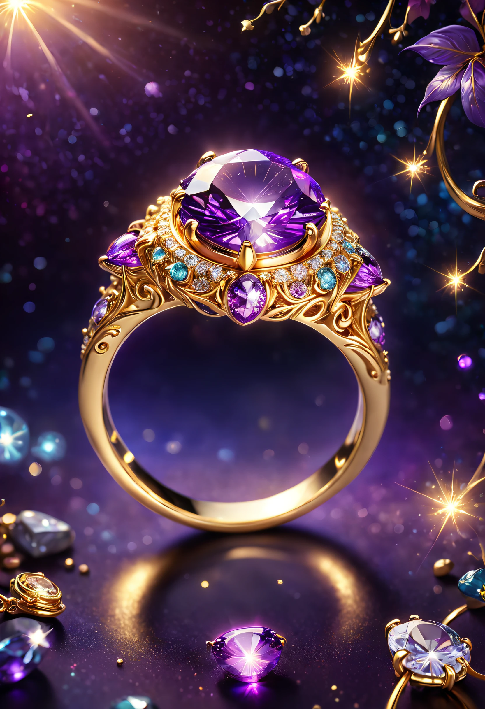 hyper HD, Super detail, Best quality, High details, 1080p, 16k, A high resolution，Close-up of the ring，A ring with a sparkling surface, The magical wishing ring, magic crystal ring, magic ring with a diamond, purple sparkles, gold and purple, ring lit,, Sparkling gold ring, glowing purple, The background is the mysterious cosmic starry sky, Ring photography, Gemstones and yellow gold rings，(The best illustrations)，(The best shadow)，Isometric 3D.Octane rendering，Hyperrealistic