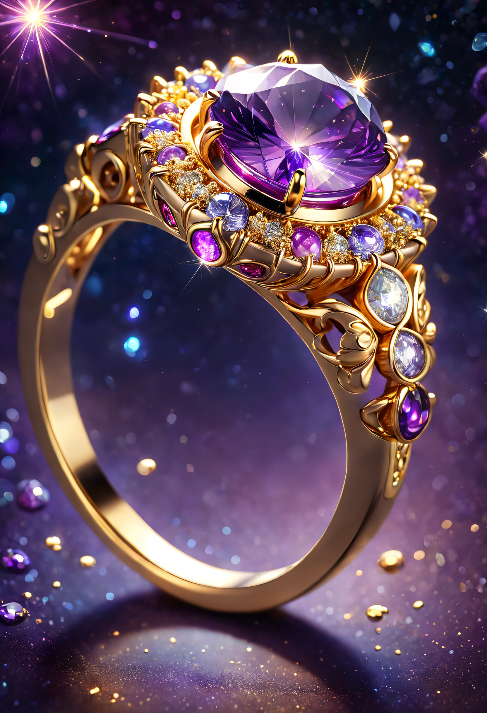 hyper HD, Super detail, Best quality, High details, 1080p, 16k, A high resolution，Close-up of the ring，A ring with a sparkling surface, The magical wishing ring, magic crystal ring, magic ring with a diamond, purple sparkles, gold and purple, ring lit,, Sparkling gold ring, glowing purple, The background is the mysterious cosmic starry sky, Ring photography, Gemstones and yellow gold rings，(The best illustrations)，(The best shadow)，Isometric 3D.Octane rendering，Hyperrealistic