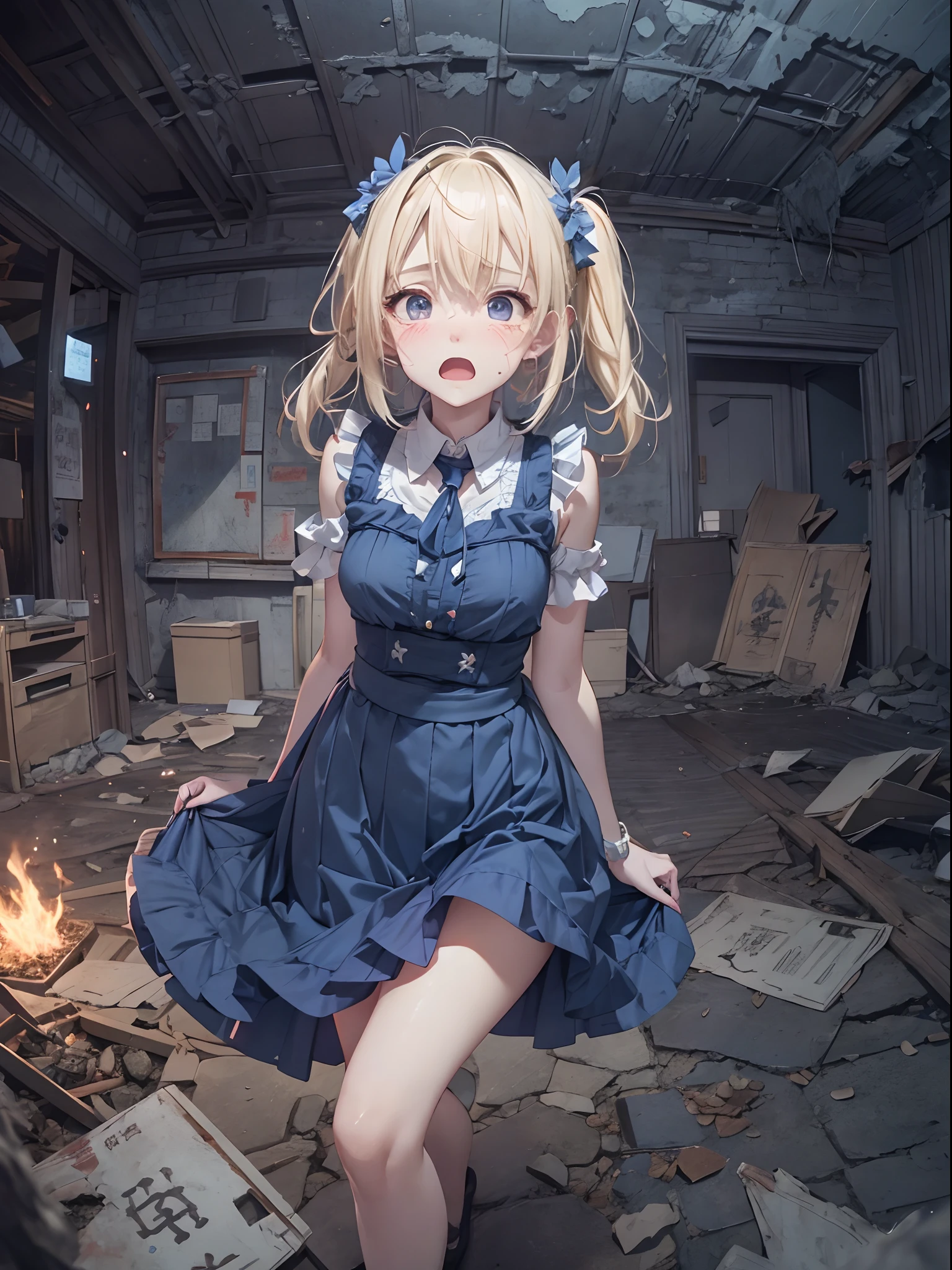 masutepiece,finely detail,8K,Haunted spot,mid night,Ruins,flash lights,ghosts,Crumbled room,horror atmosphere,独奏,Short twin-tailed blonde hair and short twin-tailed blonde hair,Frightened look,Tears,blue flames,Sleeveless,skirt by the