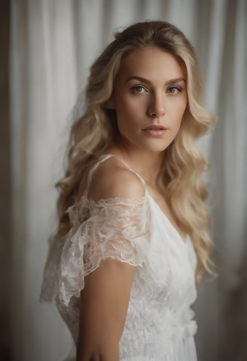 young sexy woman, blond long hair, lying in bed, pinned-up hair, wearing a half transparent white tunic, soft portrait shot 8 k, 8 k sensual lighting, realistic soft lighting, smooth pink skin, photorealism 8k