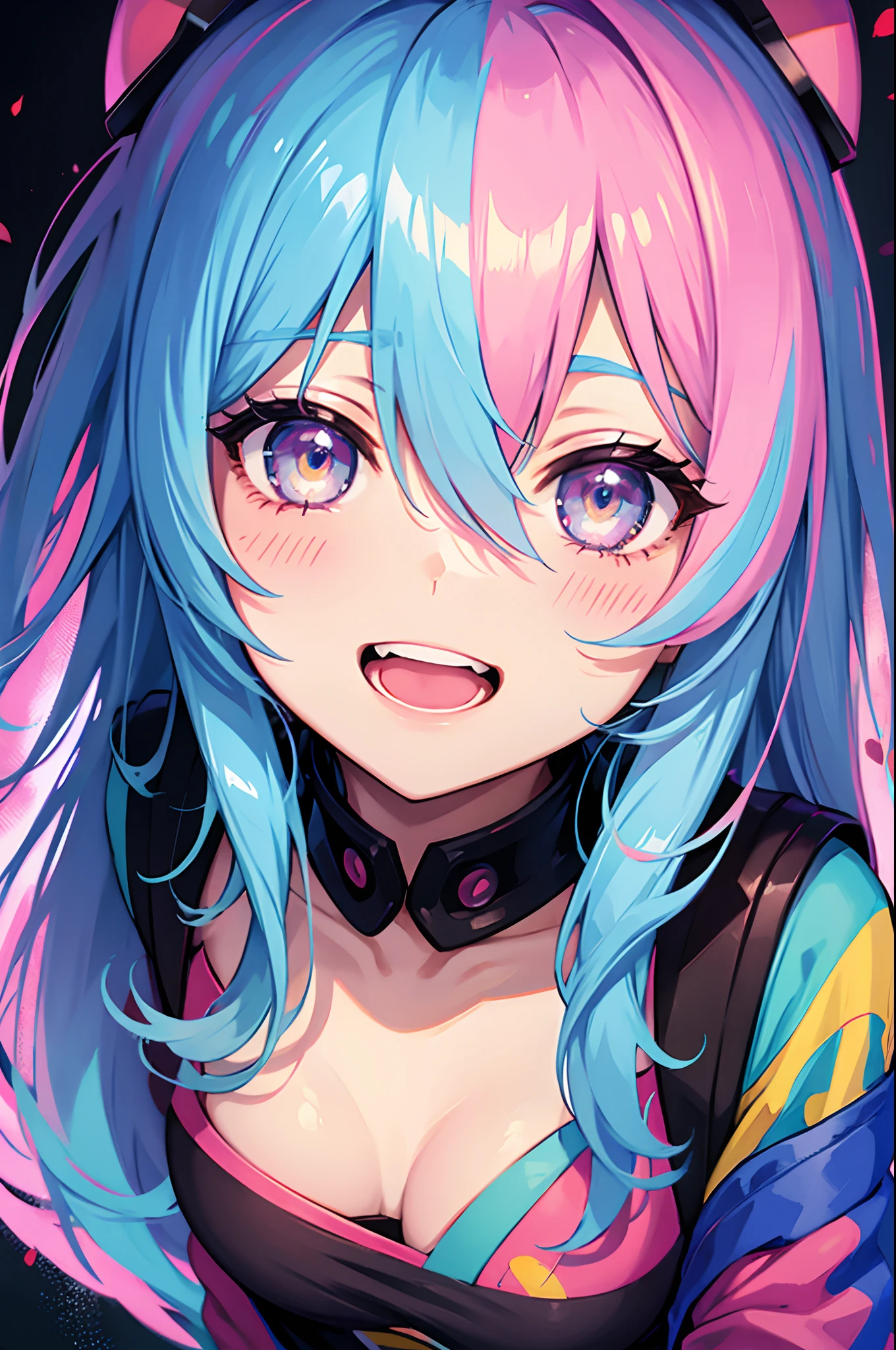 Graffiti face, colourful eyes, open mouth, yandere expression, smile, look at viewer, hand not visible, PastelColors, thinking, ask for help