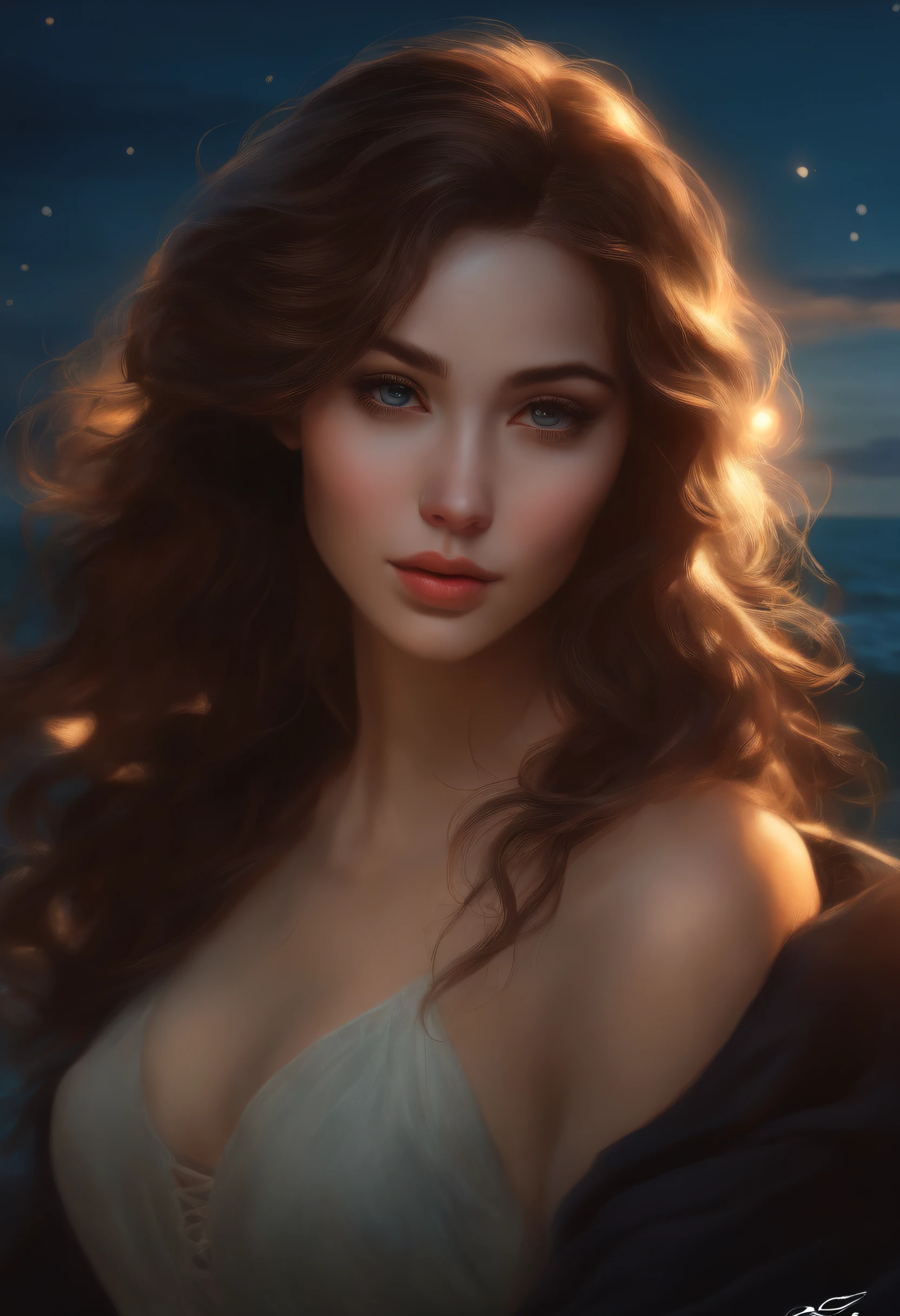 Um potrait de elizatkn como uma sereia , sombreado realista, detalhes finos. night setting. muito estilo anime. Realistic shaded lighting poster by Ilya Kuvshinov Katsuhiro, Magali Villeneuve, Artgerm, Jeremy Lipkin e Michael Garmash, Estilo Rob Rey e Kentar Miura, trending on art station