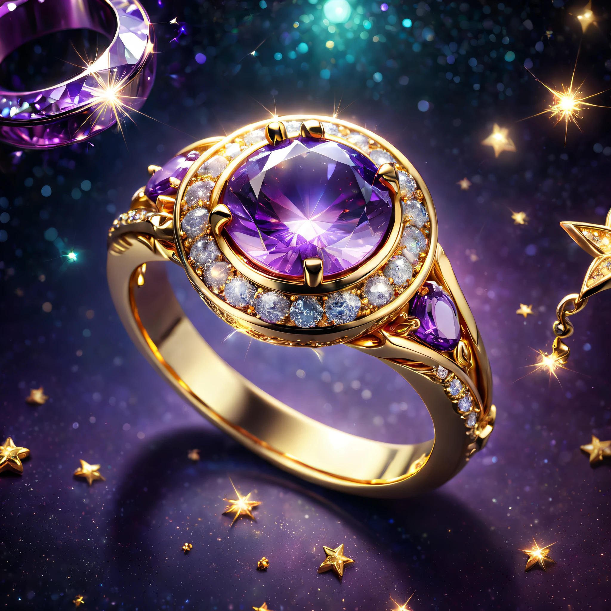 hyper HD, Super detail, Best quality, High details, 1080p, 16k, A high resolution，Close-up of the ring，A ring with a sparkling surface, The magical wishing ring, magic crystal ring, magic ring with a diamond, purple sparkles, gold and purple, ring lit,, Sparkling gold ring, glowing purple, The background is the mysterious cosmic starry sky, Ring photography, Gemstones and yellow gold rings，(The best illustrations)，(The best shadow)，Isometric 3D.Octane rendering，Hyperrealistic