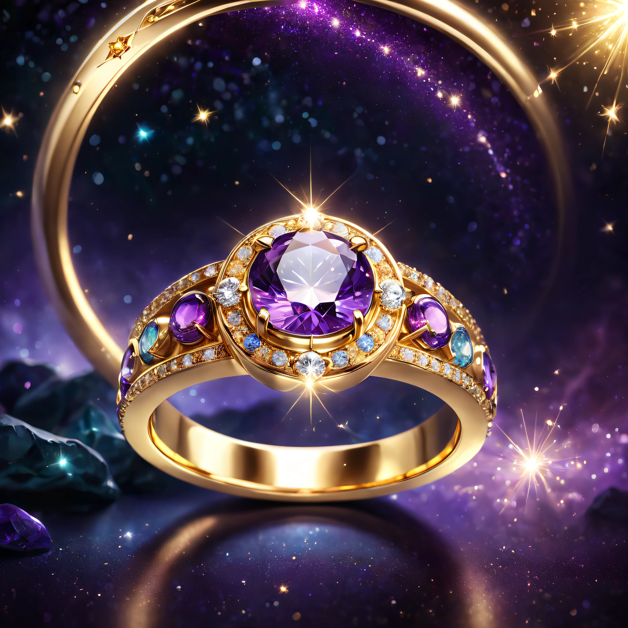 hyper HD, Super detail, Best quality, High details, 1080p, 16k, A high resolution，Close-up of the ring，A ring with a sparkling surface, The magical wishing ring, magic crystal ring, magic ring with a diamond, purple sparkles, gold and purple, ring lit,, Sparkling gold ring, glowing purple, The background is the mysterious cosmic starry sky, Ring photography, Gemstones and yellow gold rings，(The best illustrations)，(The best shadow)，Isometric 3D.Octane rendering，Hyperrealistic