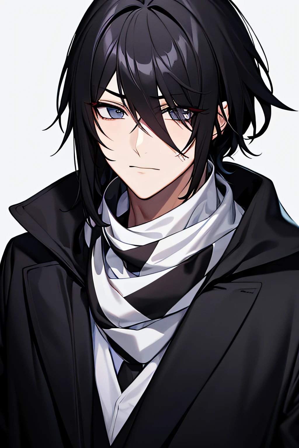 serious male anime character with black messy hair wearing black long sleeve shirt and a stripped scarf covering the face (ultra high quality 32k, masterpiece, white background)
