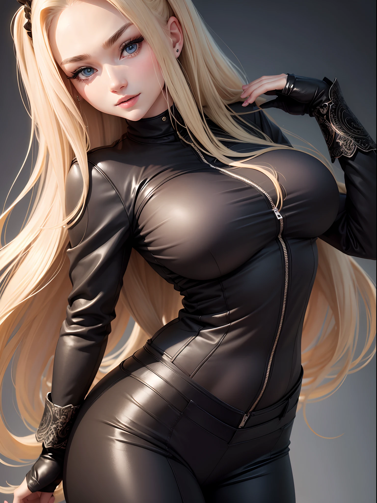 blonde girl with long hair,black pants,black jacket,happy facial expression,highly detailed and beautiful, Highly detailed face,big chest, Cute beautiful woman with perfect body,Highly detailed and focused on face,High Definition Breast,(1 girl)