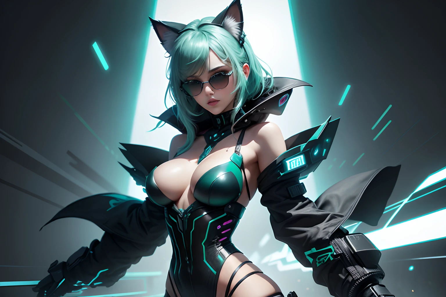 Create a high-resolution illustration of a captivating female character with teal-green hair, matching teal-green cat ears, and intense teal-green eyes. full body. She exudes a blend of elegance and mystique and sexy, with a cyberpunk vibe. Add a dynamic touch with a teal-green electric aura surrounding her, as if she's charging up. Have her wearing dark black sunglasses. Aim for an exceptional level of detail in this masterpiece.