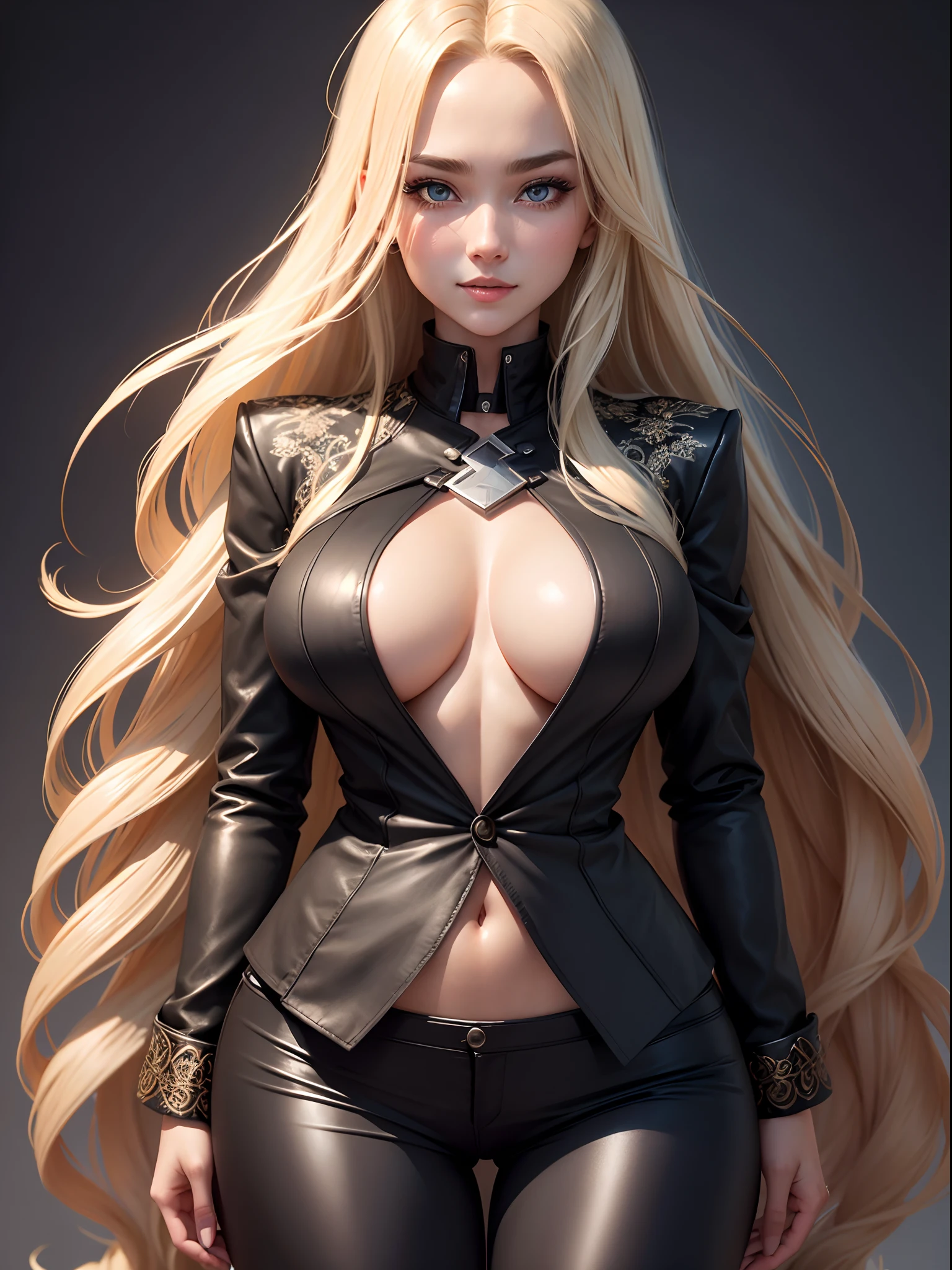blonde girl with long hair,black pants,black jacket,happy facial expression,highly detailed and beautiful, Highly detailed face,big chest, Cute beautiful woman with perfect body,Highly detailed and focused on face,High Definition Breast,(1 girl)