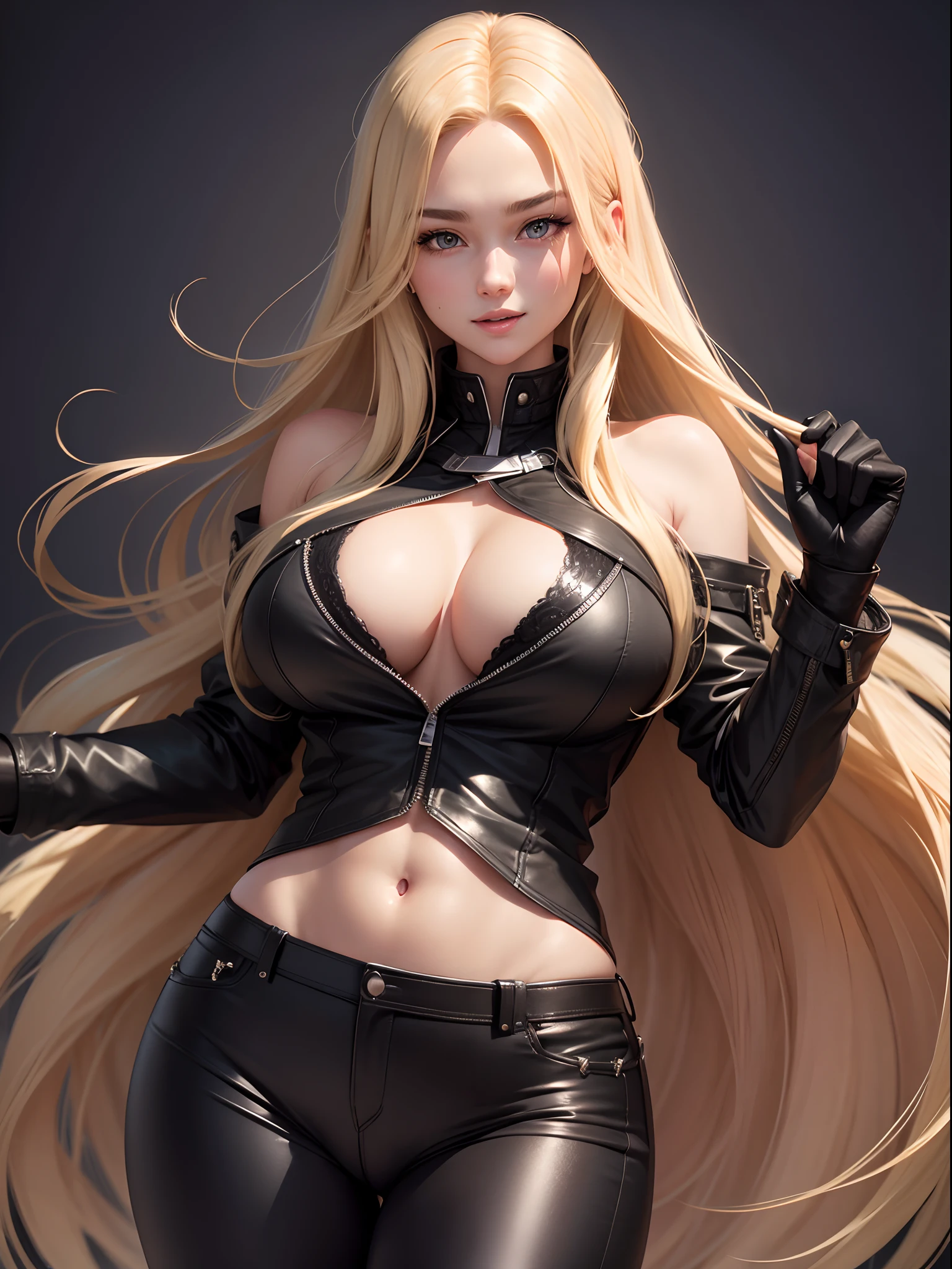 blonde girl with long hair,black pants,black jacket,happy facial expression,highly detailed and beautiful, Highly detailed face,big chest, Cute beautiful woman with perfect body,Highly detailed and focused on face,High Definition Breast,(1 girl)