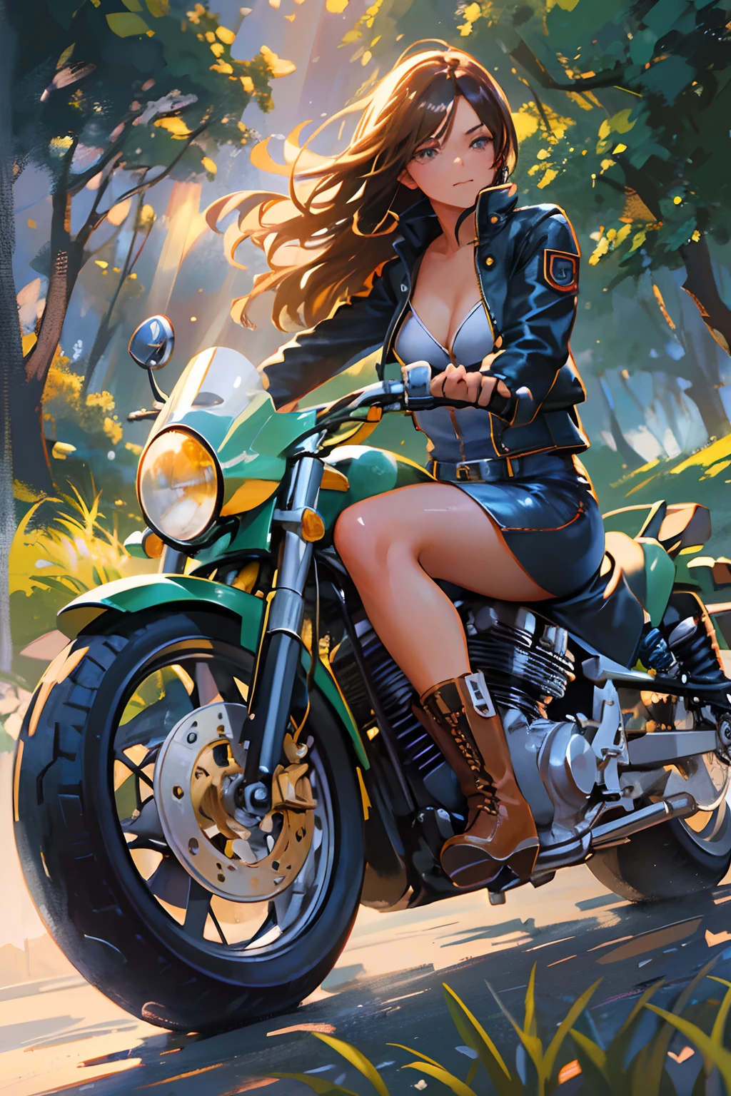 (Best Quality,4K,hight resolution,masutepiece:1.2),Ultra-detailed,Realistic:1.37, nffsw, nffsw,
Professional, Vivid colors, Studio Lighting, Bokeh, Sharp Focus,
Portraits, Photography, landscape, Anime, Concept Artist,
Colorful, vivid hues, Warm tones, Soft Lighting Shadows, Magical atmosphere
Beautiful young woman with flowing hair、Ride a Harley-Davison motorcycle through picturesque landscapes. She wears a stunning leather bodysuit that hugs her curves, Emphasize her graceful figure. Bodysuit shines in sunlight, Create captivating reflections.

Her motorcycle boots are sleek and stylish, Complement the overall look. When they she maneuvers a powerful machine effortlessly、Provides her with both comfort and control. Boots have intricate details, Buckles, zippers, etc., Adds an extra touch of elegance.

To ensure her safety, She wears a state-of-the-art motorcycle helmet that fits snugly to her head. The helmet is decorated with unique patterns and designs, Reflects her adventurous spirit. The helmet's visor integrates seamlessly with her beautiful face, Make her eyes visible, Full of excitement and determination.

Her hands are、Protected by beautiful motorcycle gloves that offer both style and functionality. Gloves fit perfectly, Allow her to grip the handlebars firmly. Soft leather adds a touch of luxury to her ensemble..

When riding a motorcycle, The surroundings come alive with vibrant colors and breathtaking views. The landscape is full of lush greenery, Majestic mountain々, and clear blue sky. The sun's rays gently illuminate the scene, creating a warm and inviting ambience.

The portrait of this young woman riding a Harley Davison is、Captures her confidence, independence, And the love of adventure. Images come to life with intricate details, Captures all the fine features and expressions on her face. The artist's skillful use of light and shadow、Add depth and dimension, more