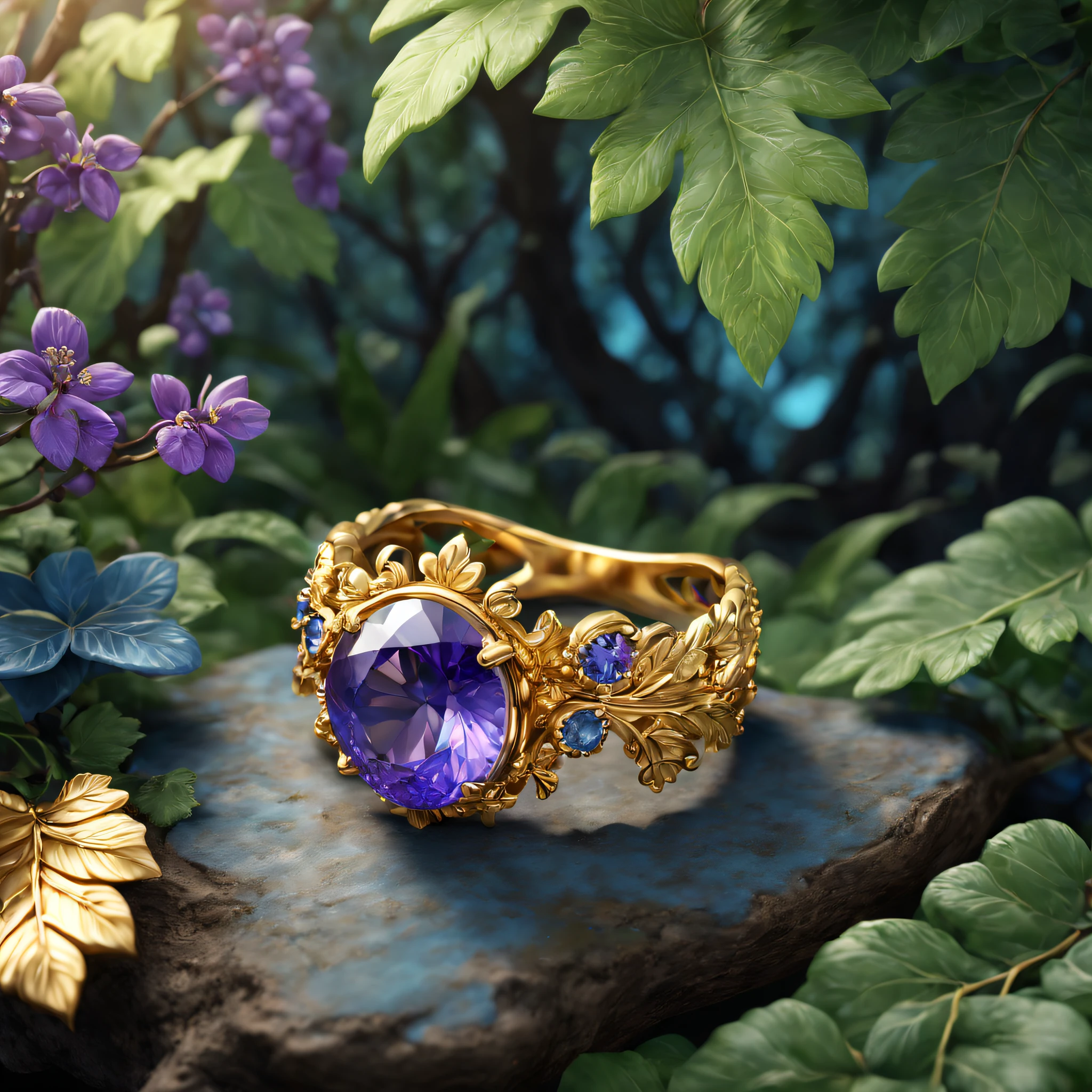 Product image of the ring,Gold ring set with blue-purple gemstones,tmasterpiece,(Very detailed CG unity 8K wallpaper),(best qualtiy),(Most Best Illustration),(Best shadow),The background is a forest theme with natural elements,blossoms,a warm color palette,surrounded by exquisite leaves and branches,rays of sunshine,(nature elements),(Jungle theme),(leafs),grape trees,butterflys,(exquisite leaves),(Particle effect),Isometric 3D,rendering by octane, Ray traching,ultra - detailed